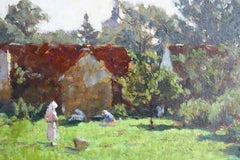French Antique Landscape Oil Painting of Women Harvesting Apples