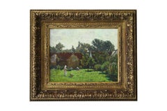 French Antique Landscape Oil Painting of Women Harvesting Apples