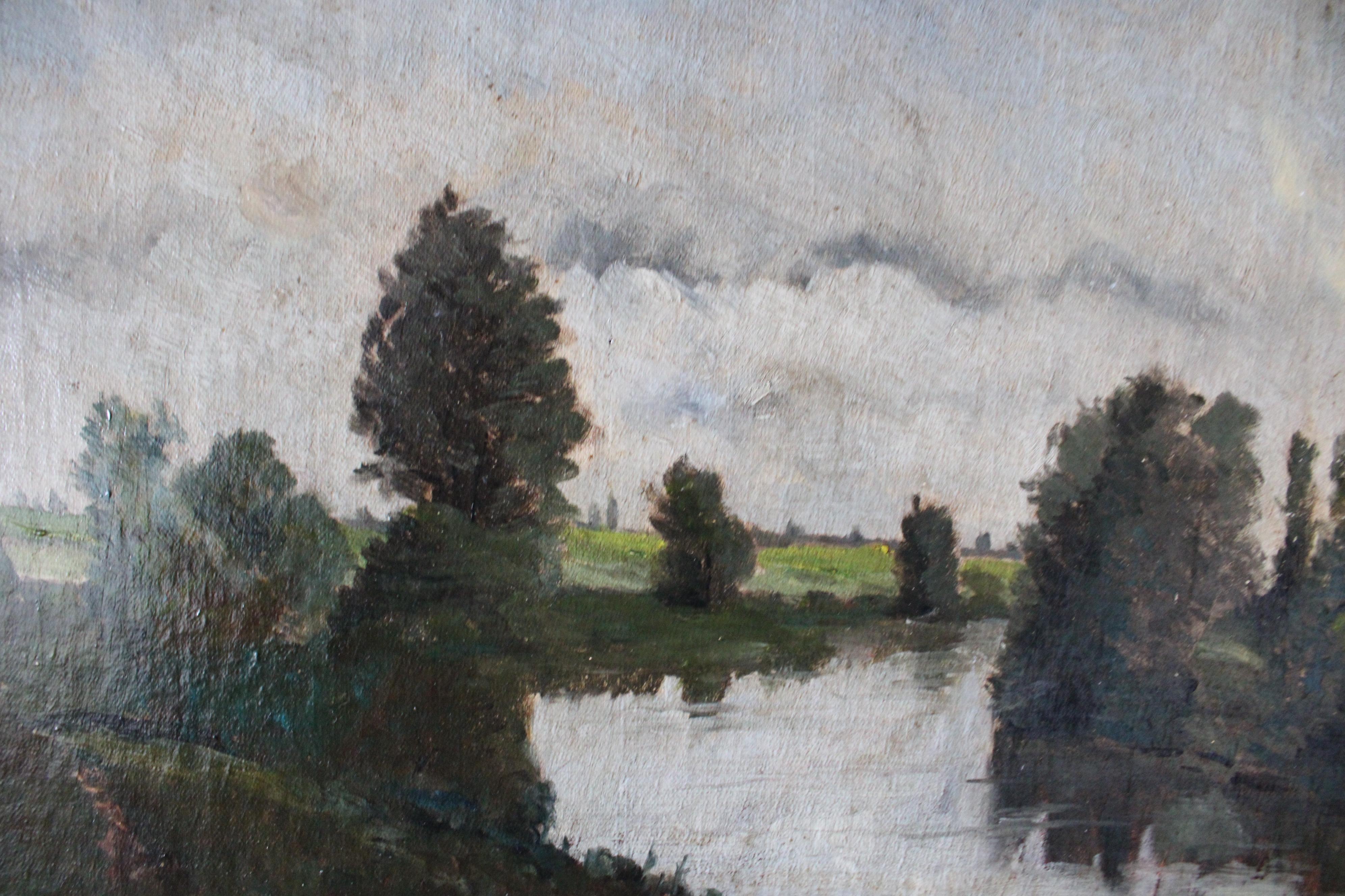 Französisch antike Landschaft Ölgemälde auf Leinwand aus den 1800er Jahren (Braun), Landscape Painting, von Unknown