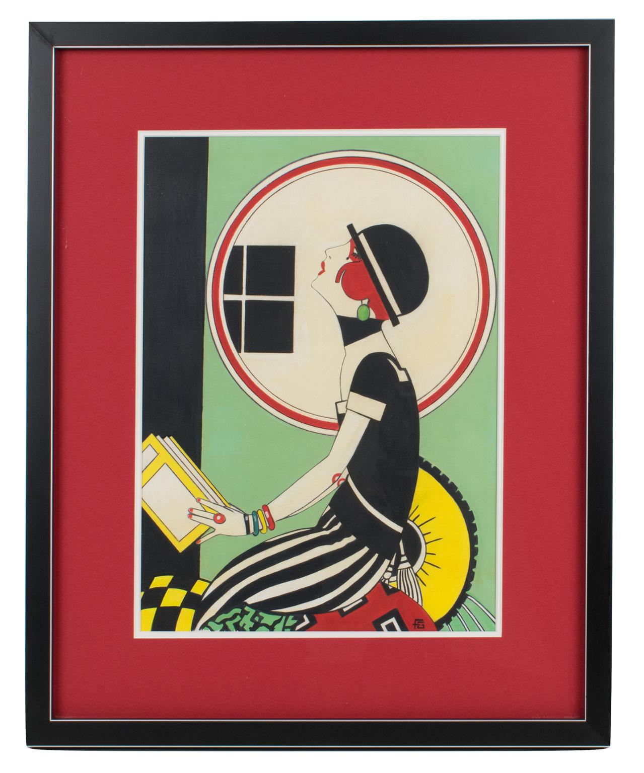 French Art Deco Woman Singing Gouache Painting For Sale 8