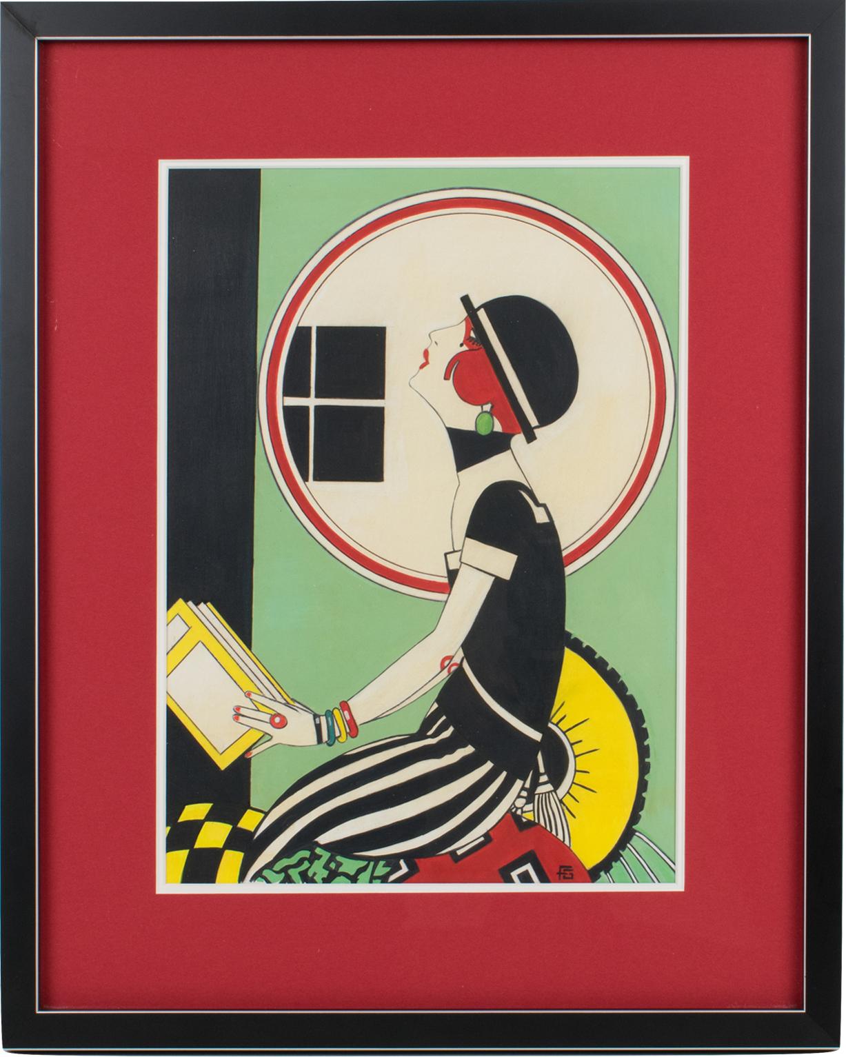 French Art Deco Woman Singing Gouache Painting For Sale 1