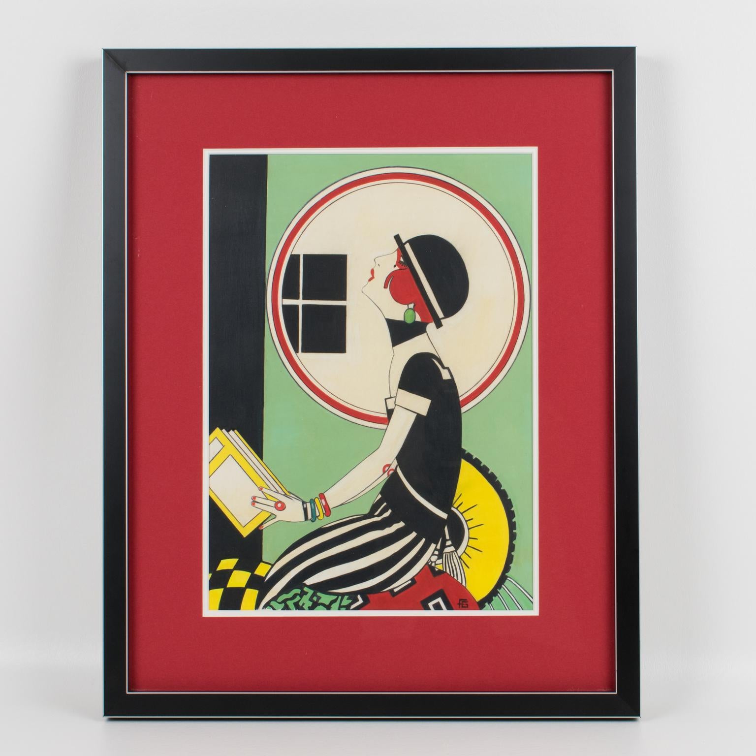 French Art Deco Woman Singing Gouache Painting For Sale 3