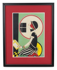 French Art Deco Woman Singing Gouache Painting