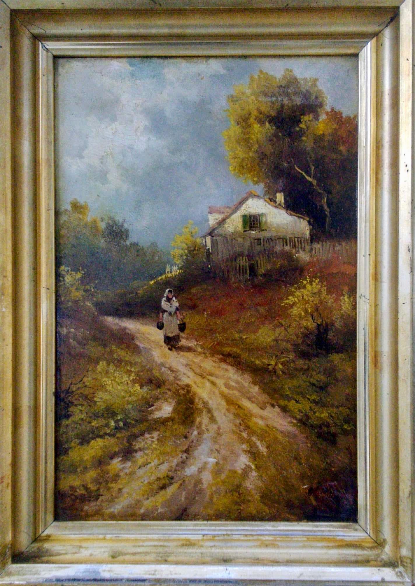 French Barbizon Country Scene, Manner Of Galiany, Rustic Farmhouse interior - Painting by Unknown