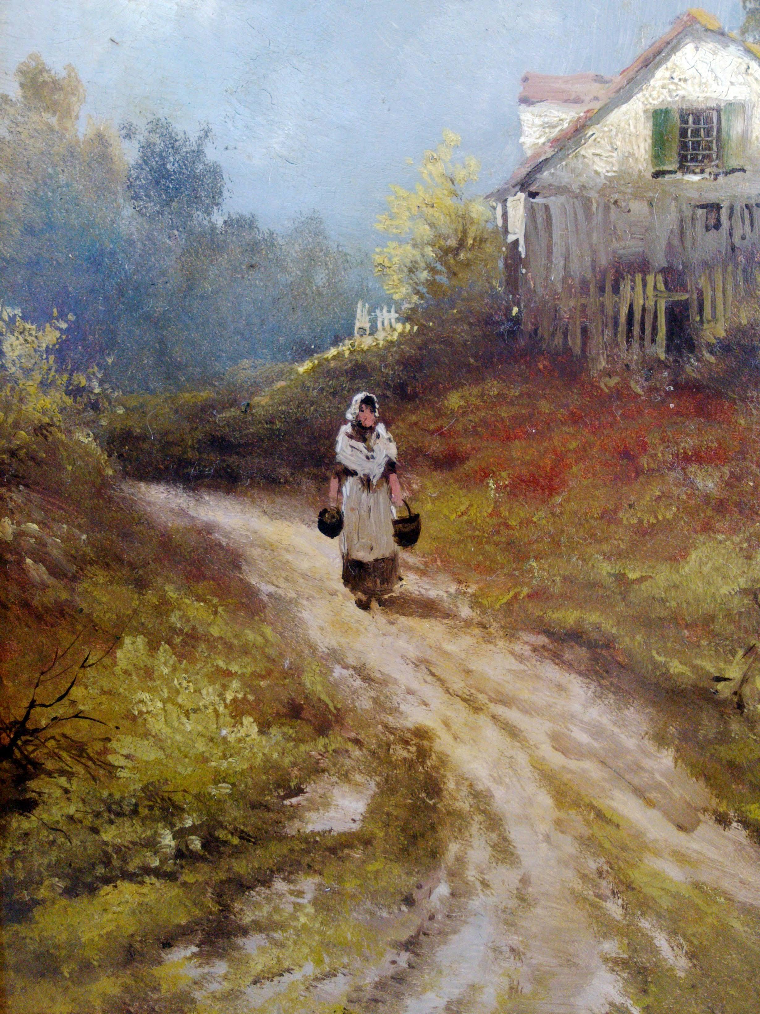 Französische französische Barbizon-Landschaftsszene:: in der Art von Galiany:: rustikales Bauernhaus- Interieur (Impressionismus), Painting, von Unknown