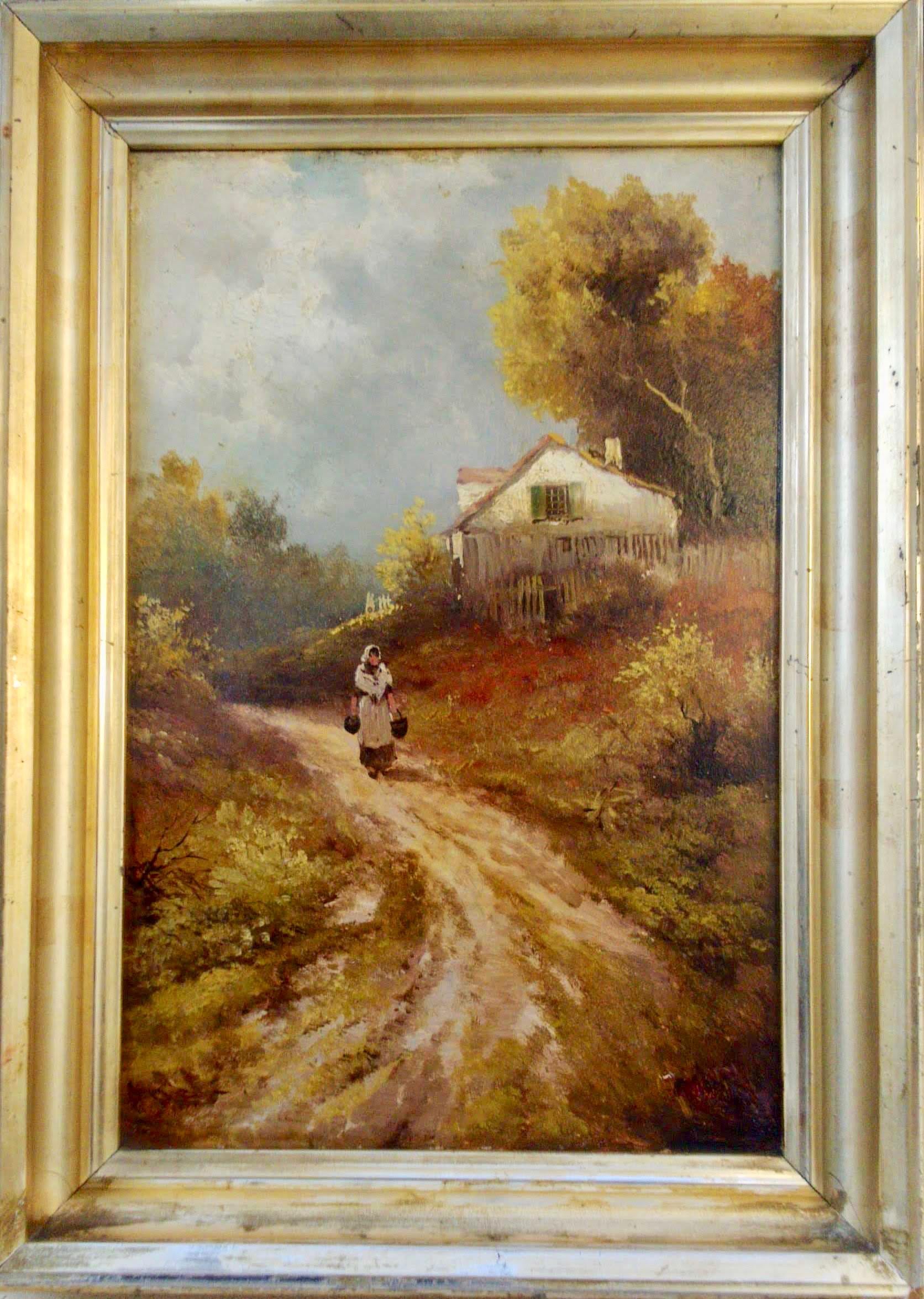 French Barbizon Country Scene, Manner Of Galiany, Rustic Farmhouse interior - Impressionist Painting by Unknown