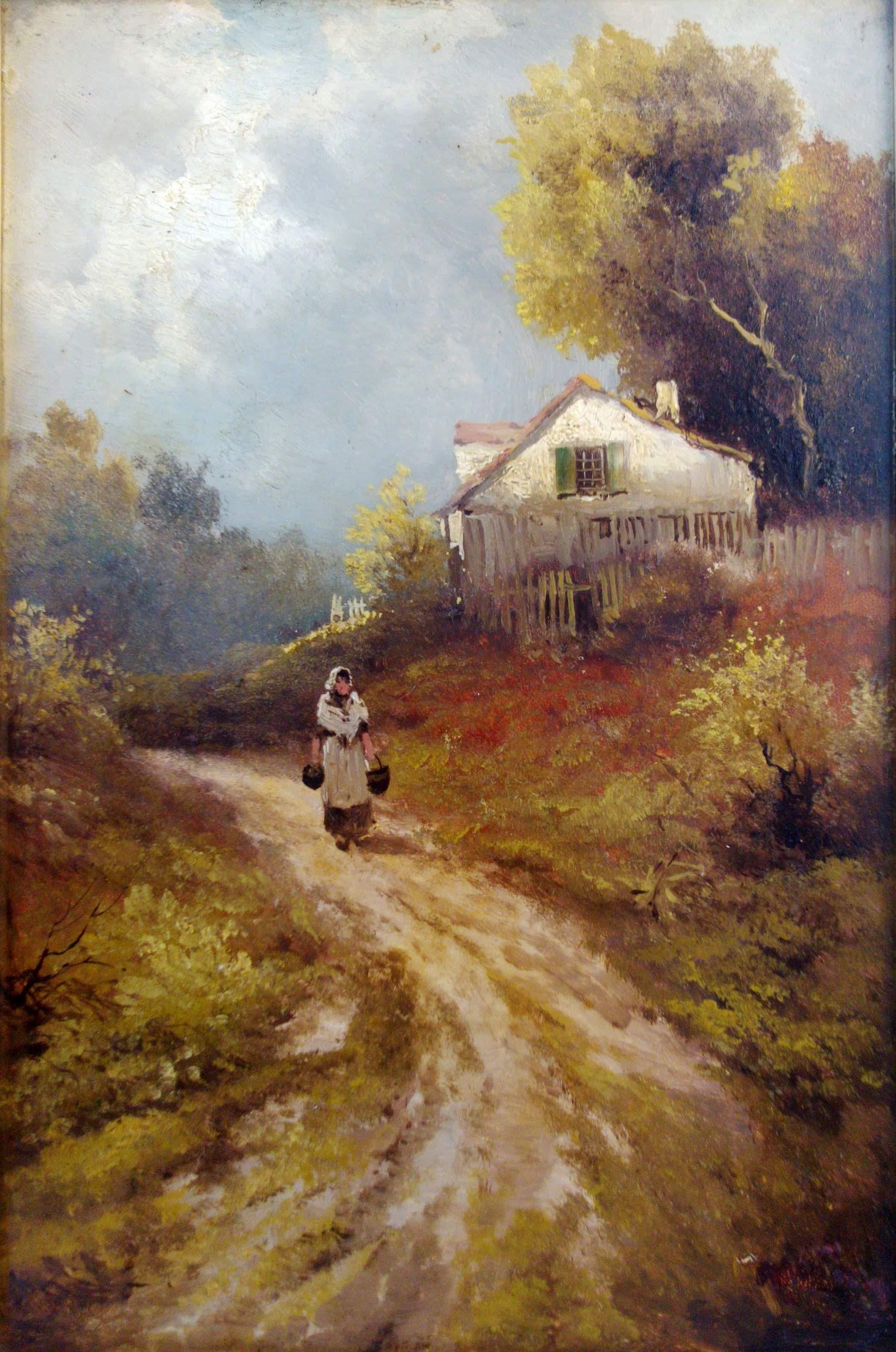 Unknown Figurative Painting - French Barbizon Country Scene, Manner Of Galiany, Rustic Farmhouse interior