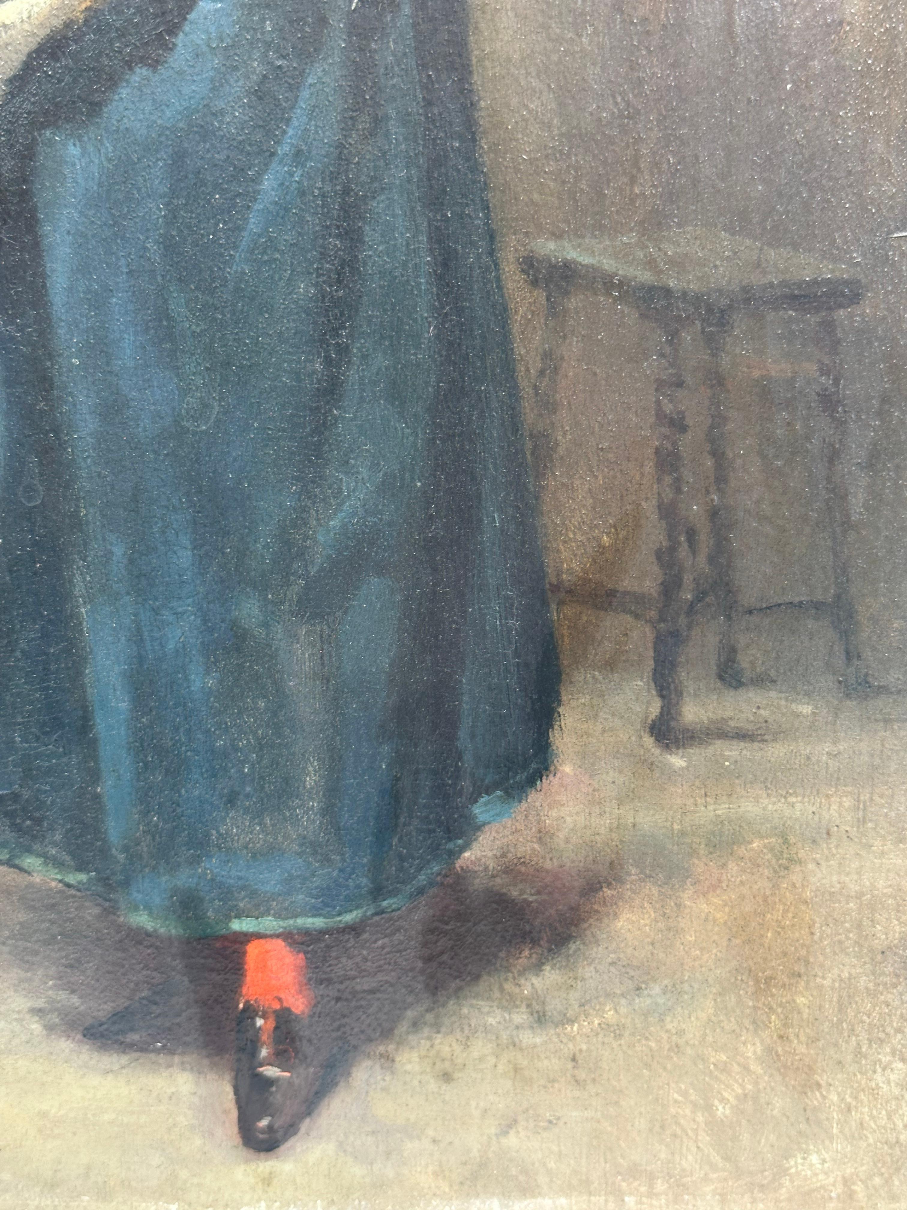 Das schöne Gemälde des französischen Realismus von 1881 zeigt eine strickende Frau vor einem offenen Fenster.

Öl auf Holzplatte, 16,25 x 10,5 Zoll. 

Signiert und datiert unten links. Ungerahmt. 

Verso Stempel eines Pariser Kunsthändlers.