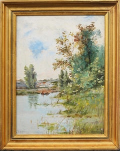 French Barbizon School Signed Impressionist River Landscape Framed Oil Painting