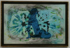 French Blue Cosmic Summer Abstract Mixed Media Framed 1980s 12.5x18