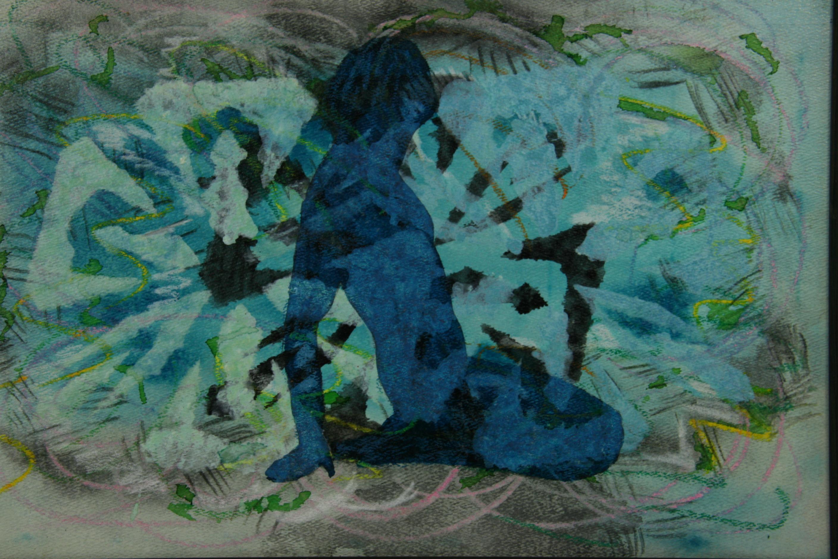 French Blue Cosmic Summer Abstract Mixed Media Framed 1980s 12.5x18