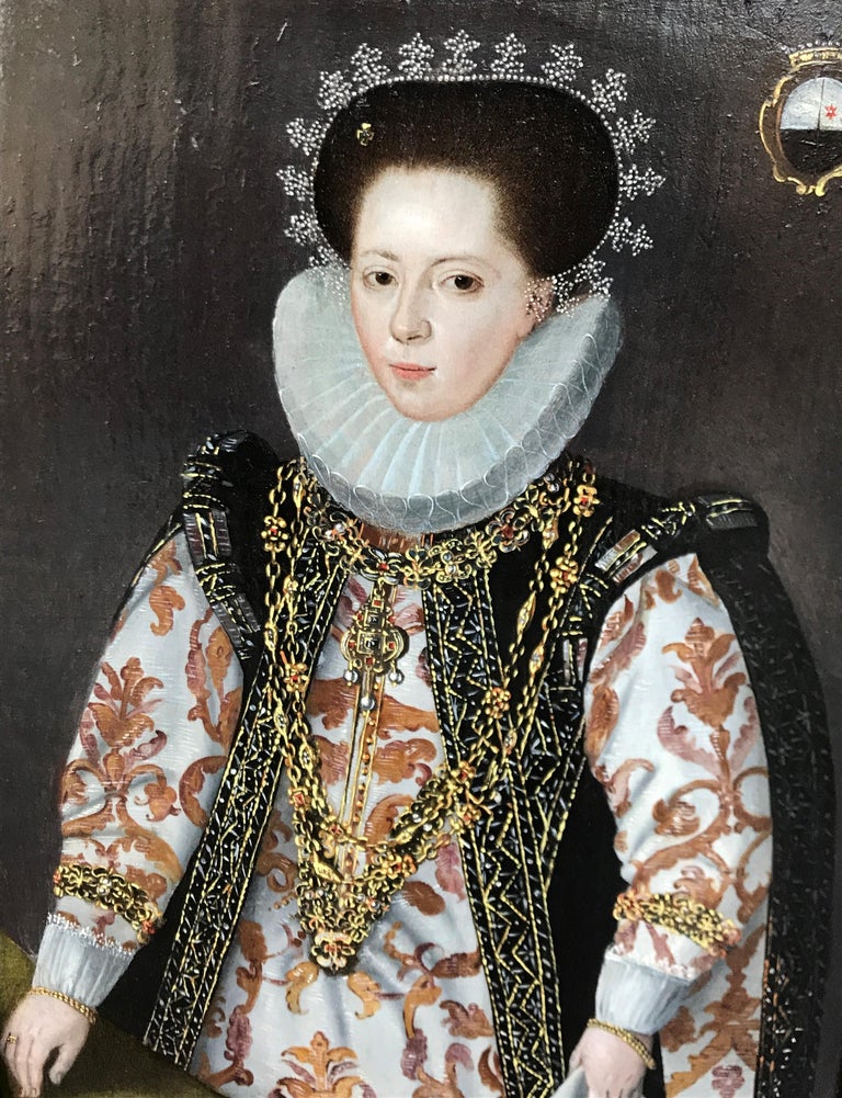 French C16th Oil Painting Marriage Portrait of an Elizabethan Lady - Black Figurative Painting by Unknown