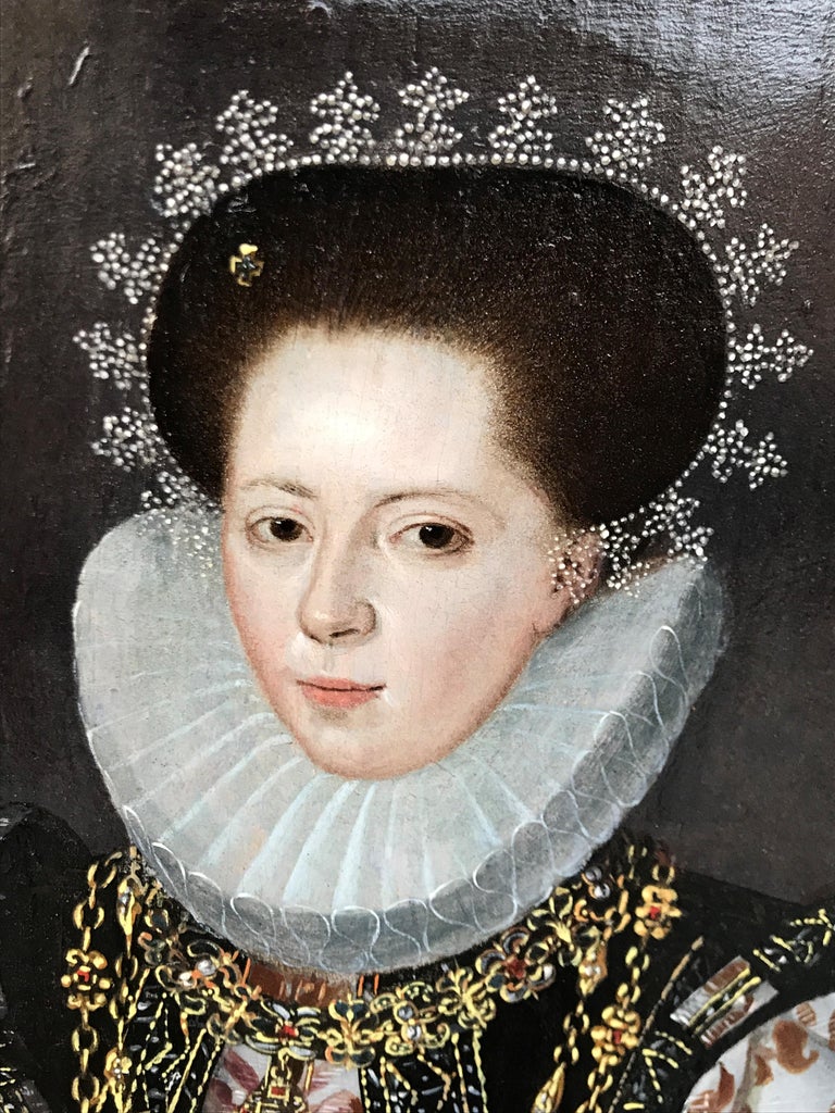 French 16th Century
Elizabethan Lady
c.1580
Oil on panel
16  x 11 ½ inches; 
21 x 16 ¾ inches including frame.

Provenance:
Christie's Paris, 21st of June 2011, lot 54

The Elizabethan era is the epoch in the Tudor period of the history of England