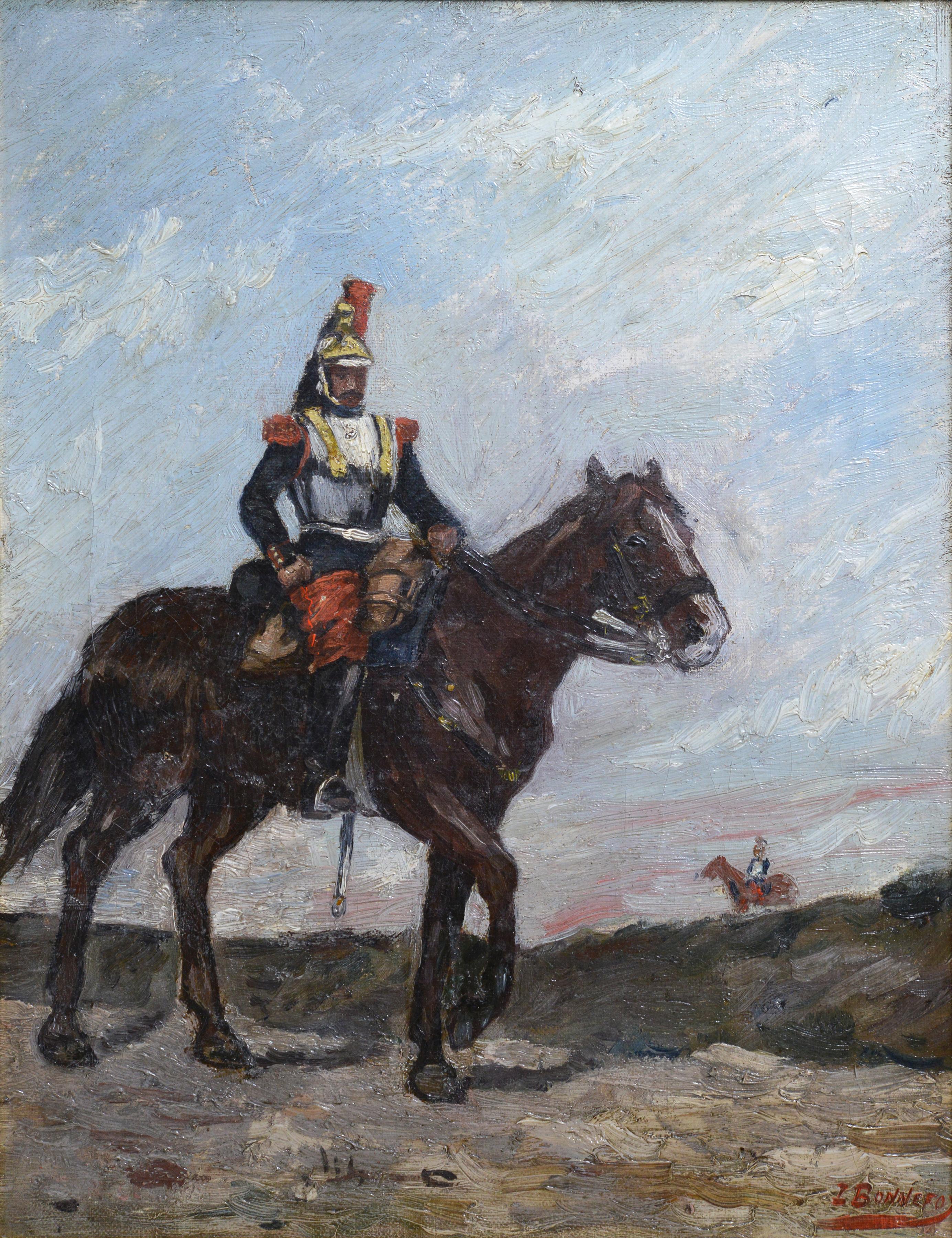 French Cuirassier on Mounted Patrol 19th Century Oil Painting by Bonnefoy - Brown Figurative Painting by Unknown