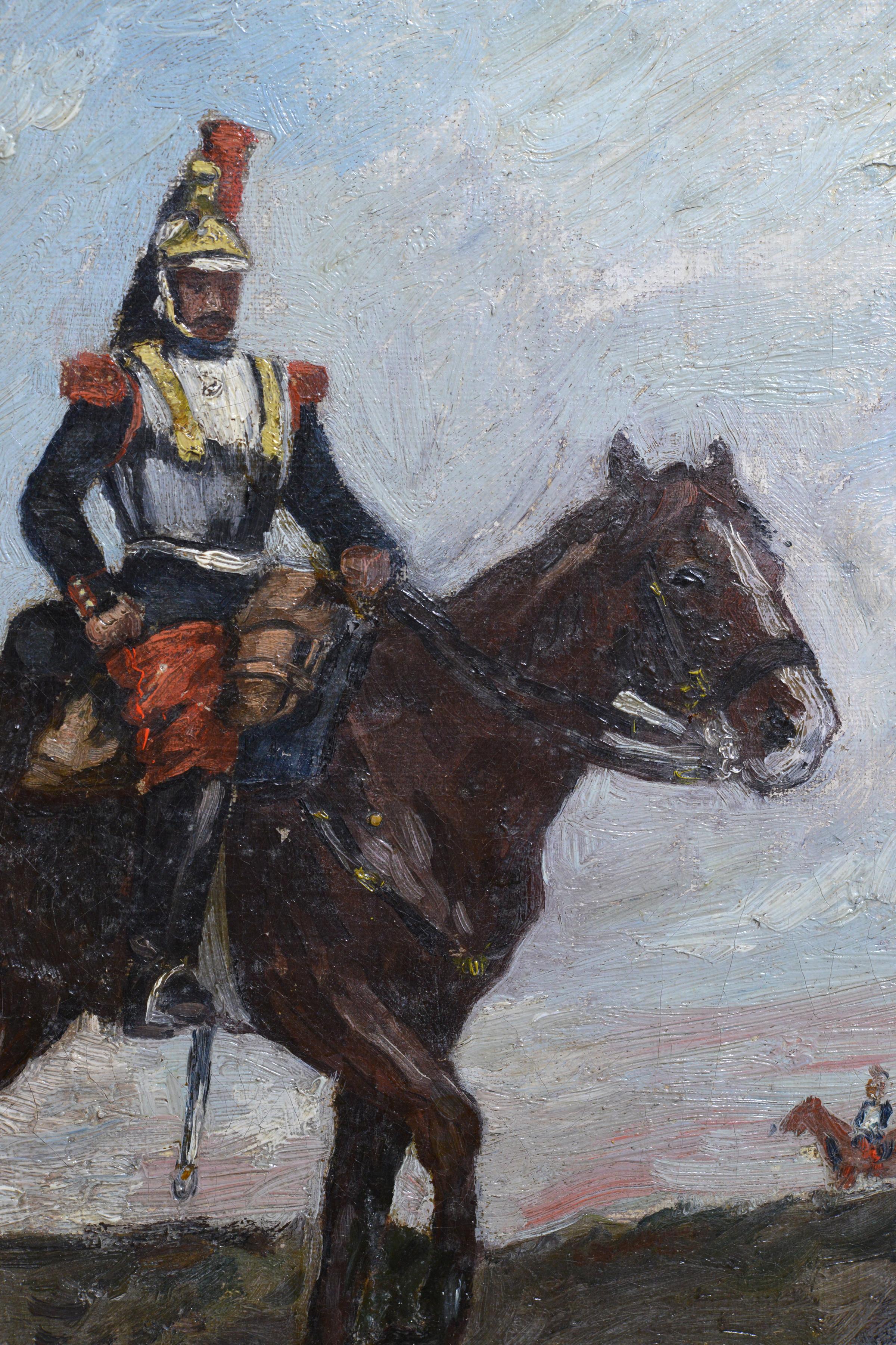 The painting depicts a French cuirassier in full combat gear on a mounted patrol, peering into the distance... The powerful physique of the rider and his horse inspires awe and fear among enemies. The artist probably drew inspiration for the