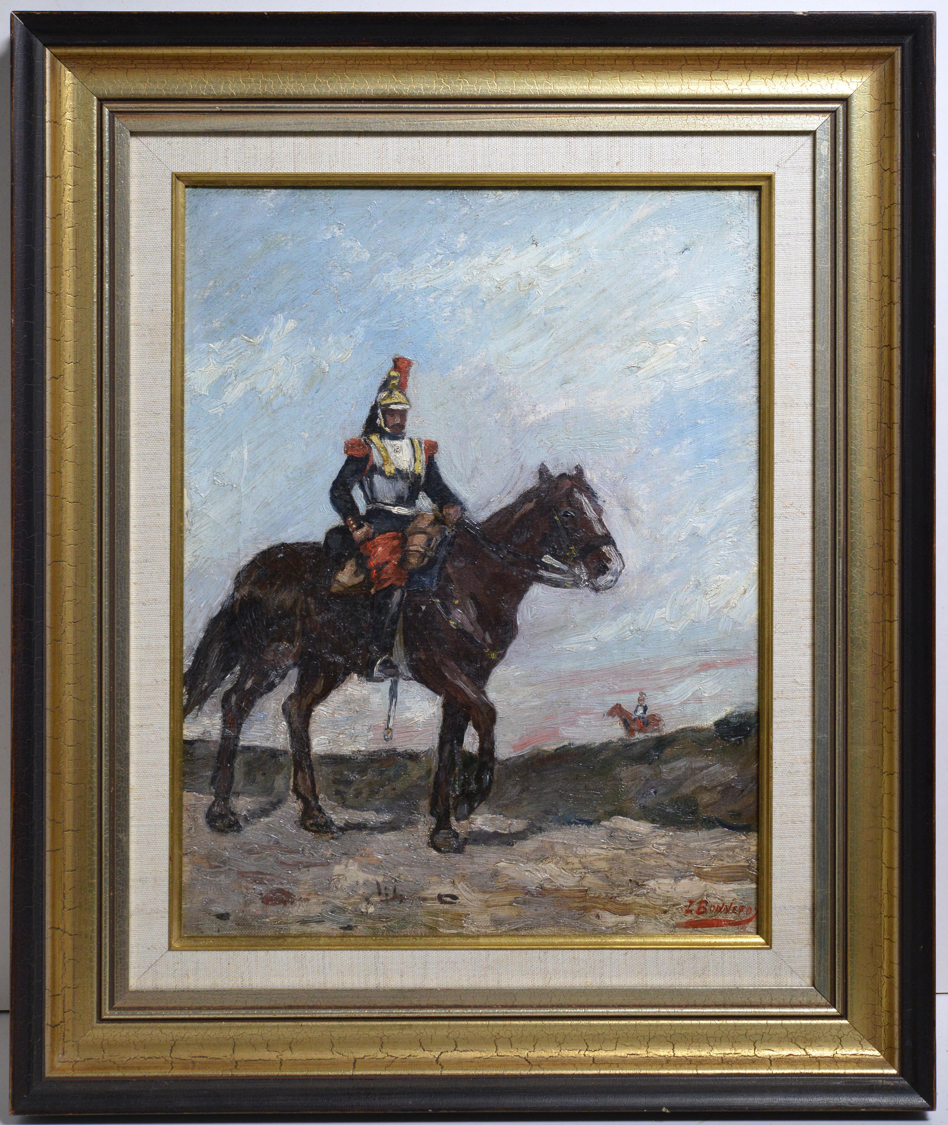 Unknown Figurative Painting - French Cuirassier on Mounted Patrol 19th Century Oil Painting by Bonnefoy