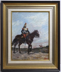 Antique French Cuirassier on Mounted Patrol 19th Century Oil Painting by Bonnefoy