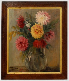 Huile française du début du 20e siècle - Dahlias