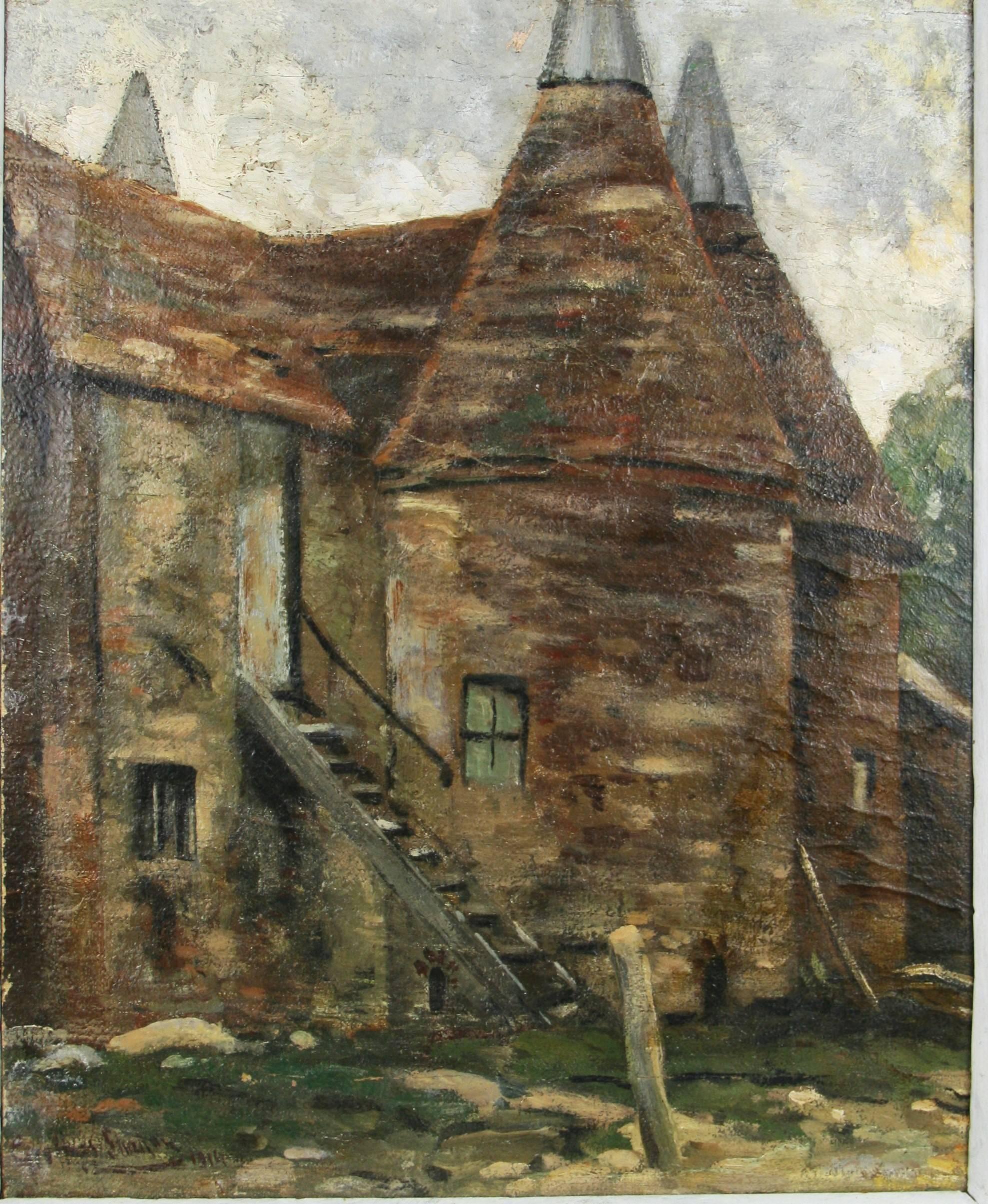 Antique French Farm House Pittura a olio Paesaggio del XIX secolo - Painting di Unknown