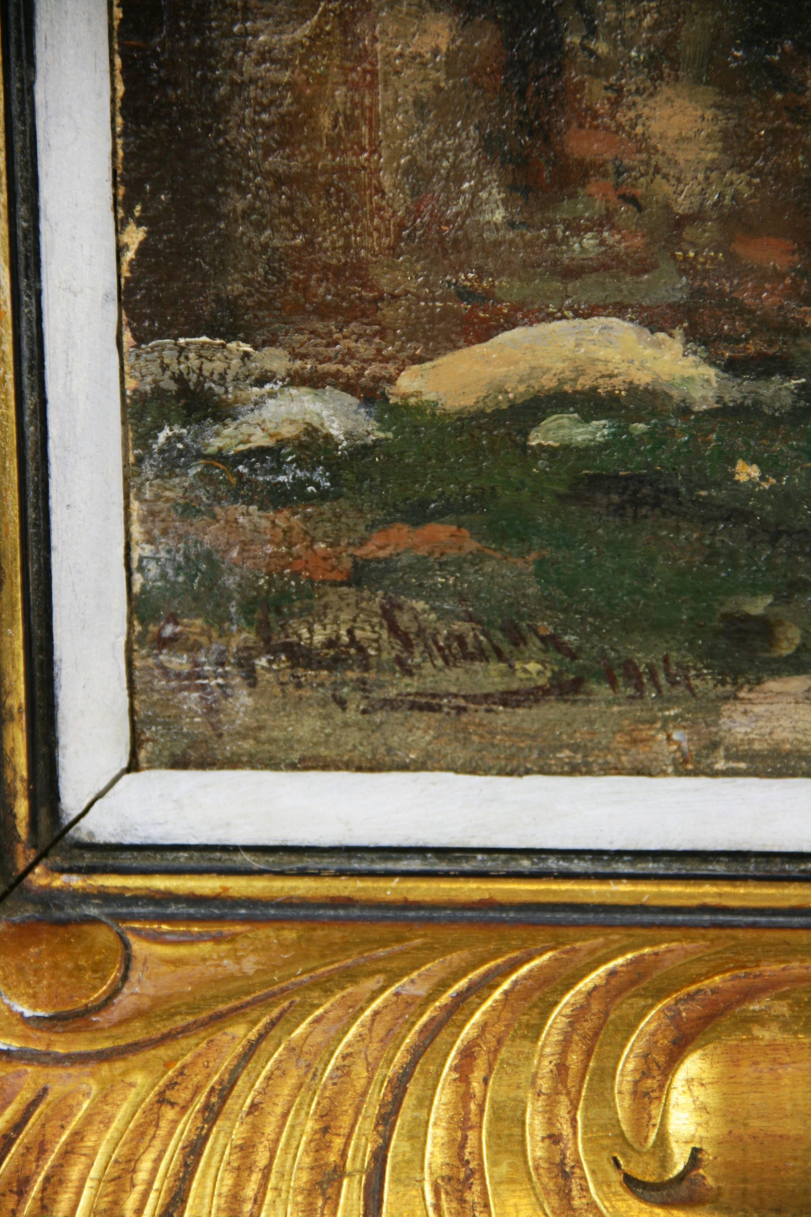 Antique French Farm House Pittura a olio Paesaggio del XIX secolo - Still-Life Painting Marrone di Unknown