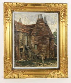 Antique  French Farm House Oil Painting Landscape 19th Century