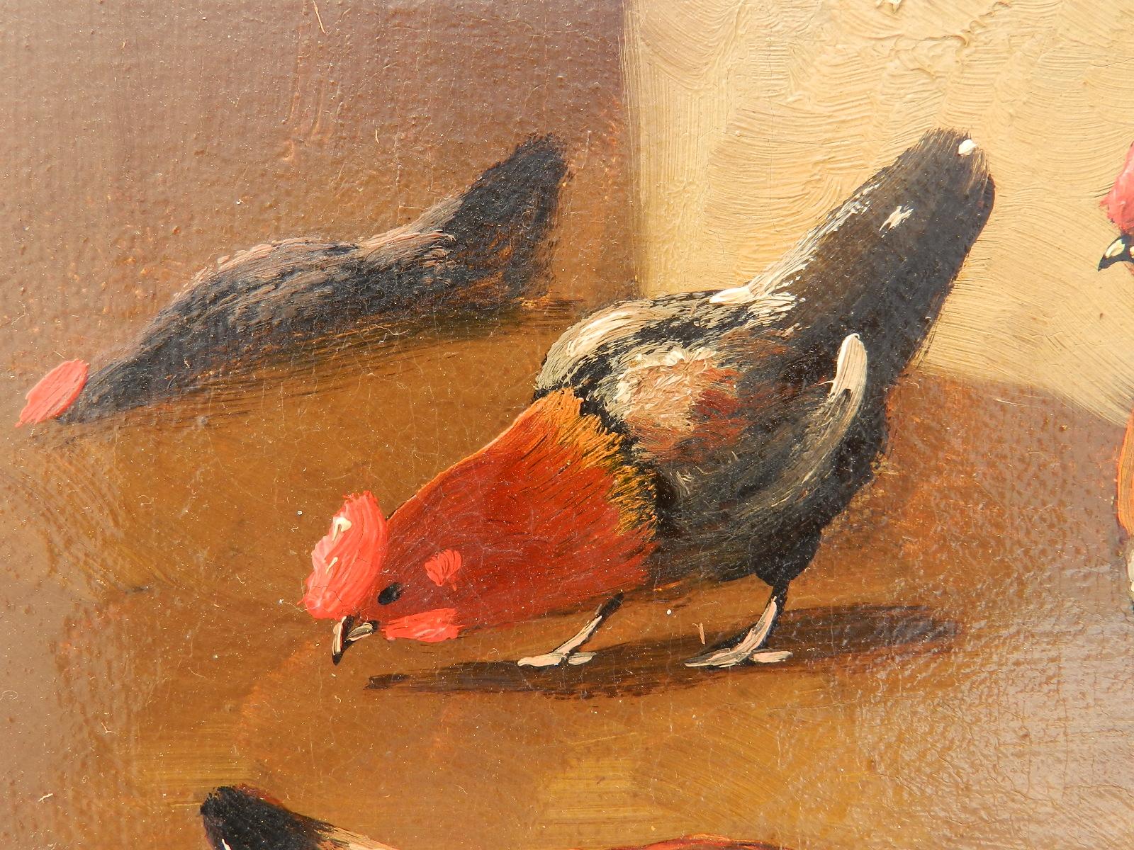 Peinture à l'huile française du 19ème siècle représentant une ferme, signée Lambert, avec canards et poulets - Autres styles artistiques Painting par Unknown