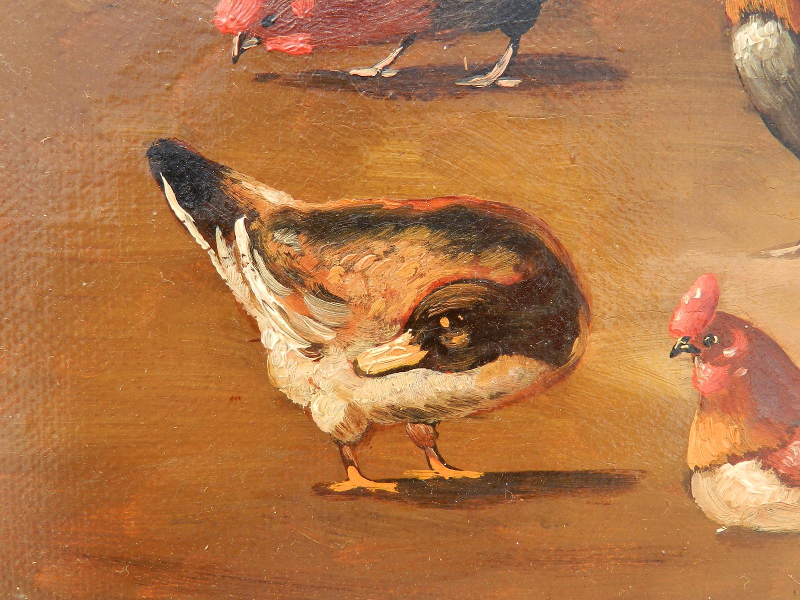 Peinture à l'huile française du 19ème siècle représentant une ferme, signée Lambert, avec canards et poulets - Marron Animal Painting par Unknown