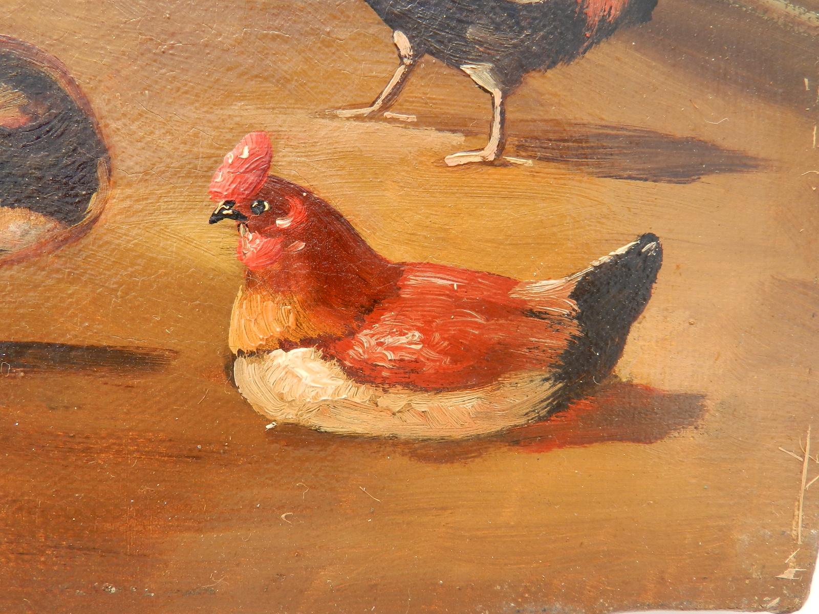 French Farmyard Oil Painting signed Lambert Ducks Chickens French 19th century - Brown Animal Painting by Unknown