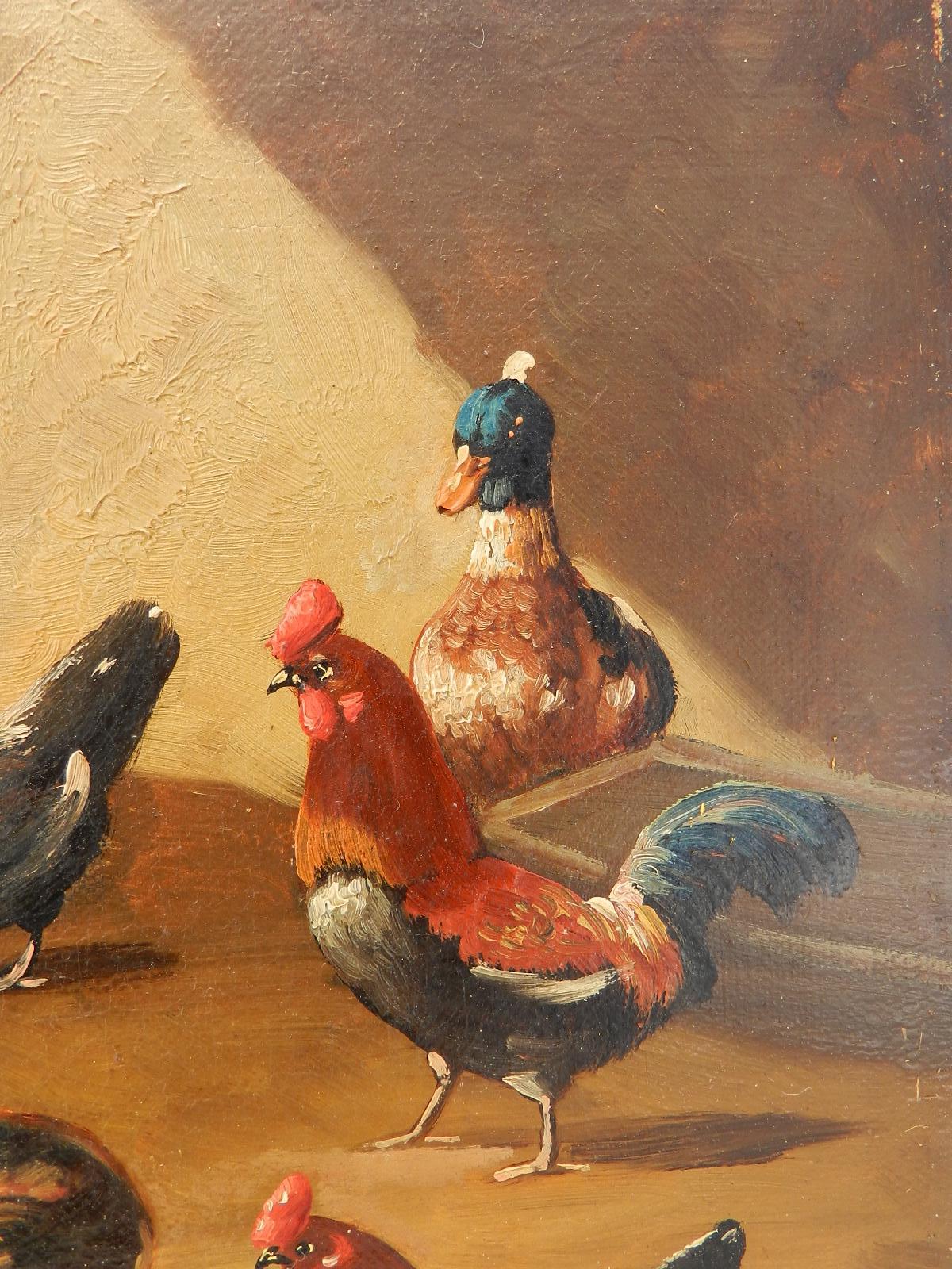 French Farmyard Oil Painting signed Lambert French 19th century
Sunny yard with Ducks and Chickens 
Will send with its now distressed frame if requested to
Good antique condition with minor signs of age to the painting itself which has been behind