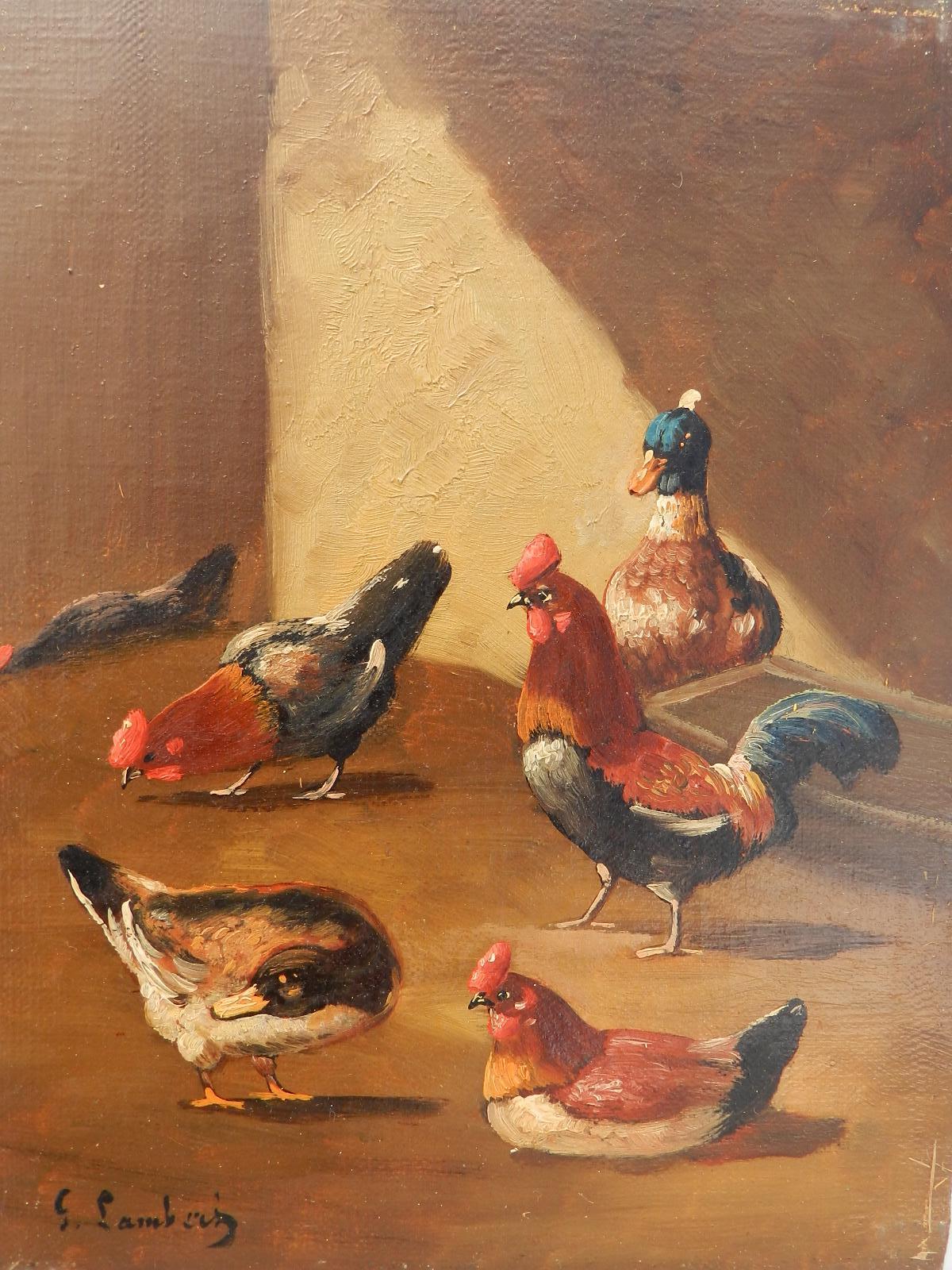Peinture à l'huile française du 19ème siècle représentant une ferme, signée Lambert, avec canards et poulets en vente 2