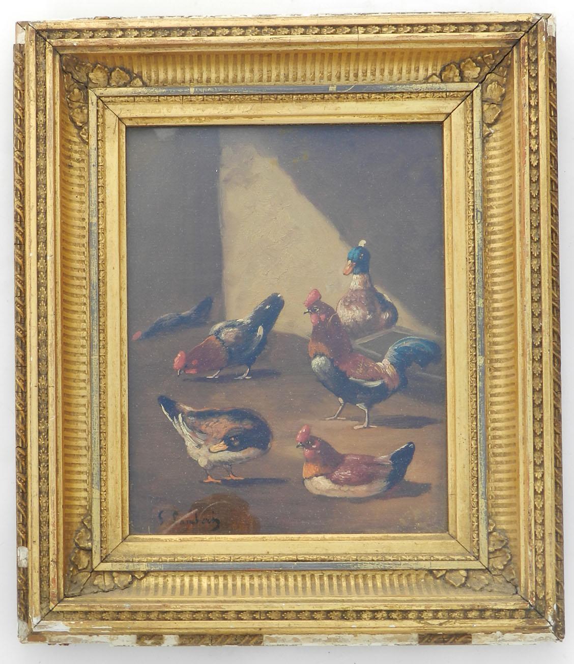 Peinture à l'huile française du 19ème siècle représentant une ferme, signée Lambert, avec canards et poulets en vente 4