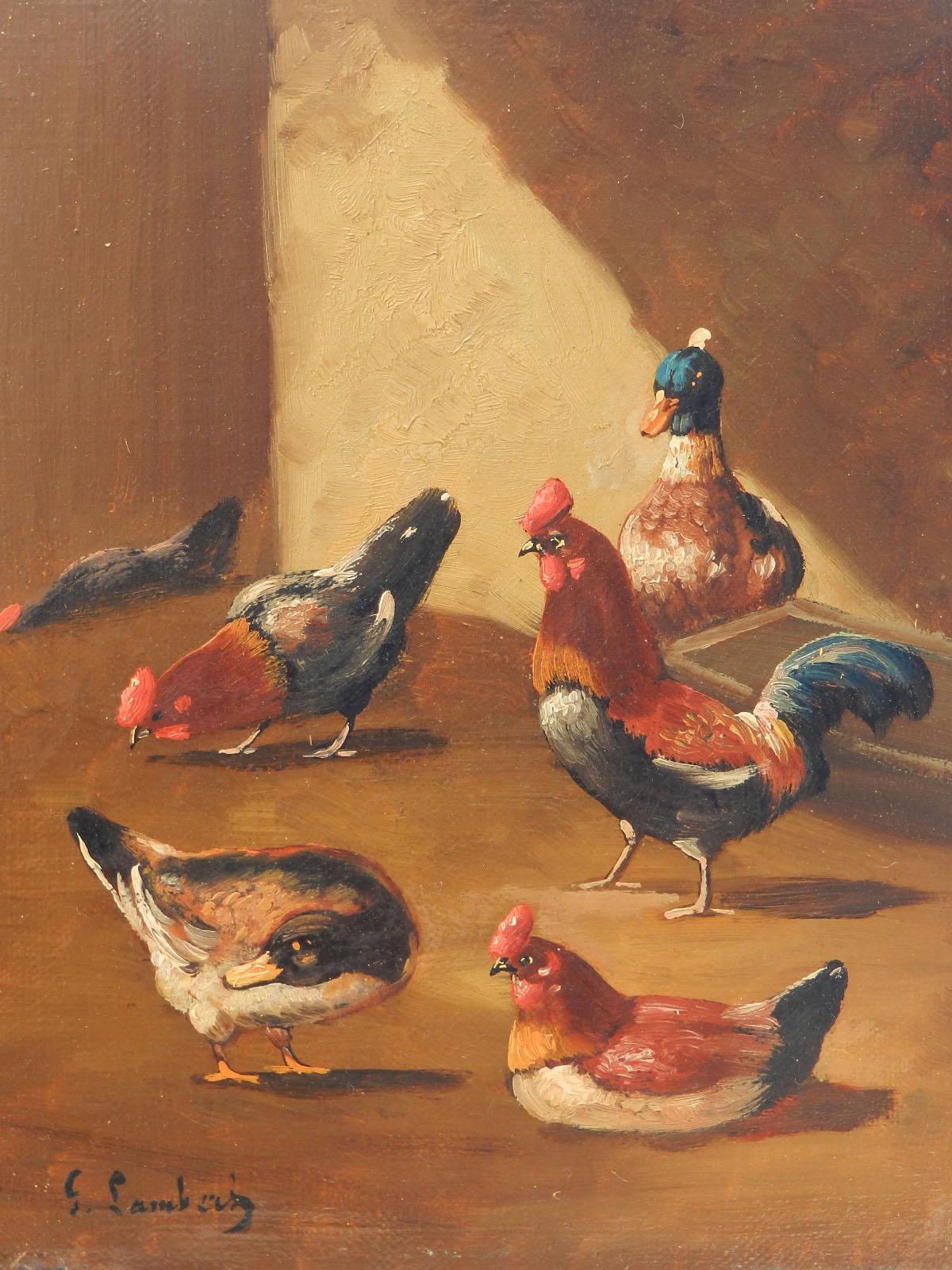 Animal Painting Unknown - Peinture à l'huile française du 19ème siècle représentant une ferme, signée Lambert, avec canards et poulets
