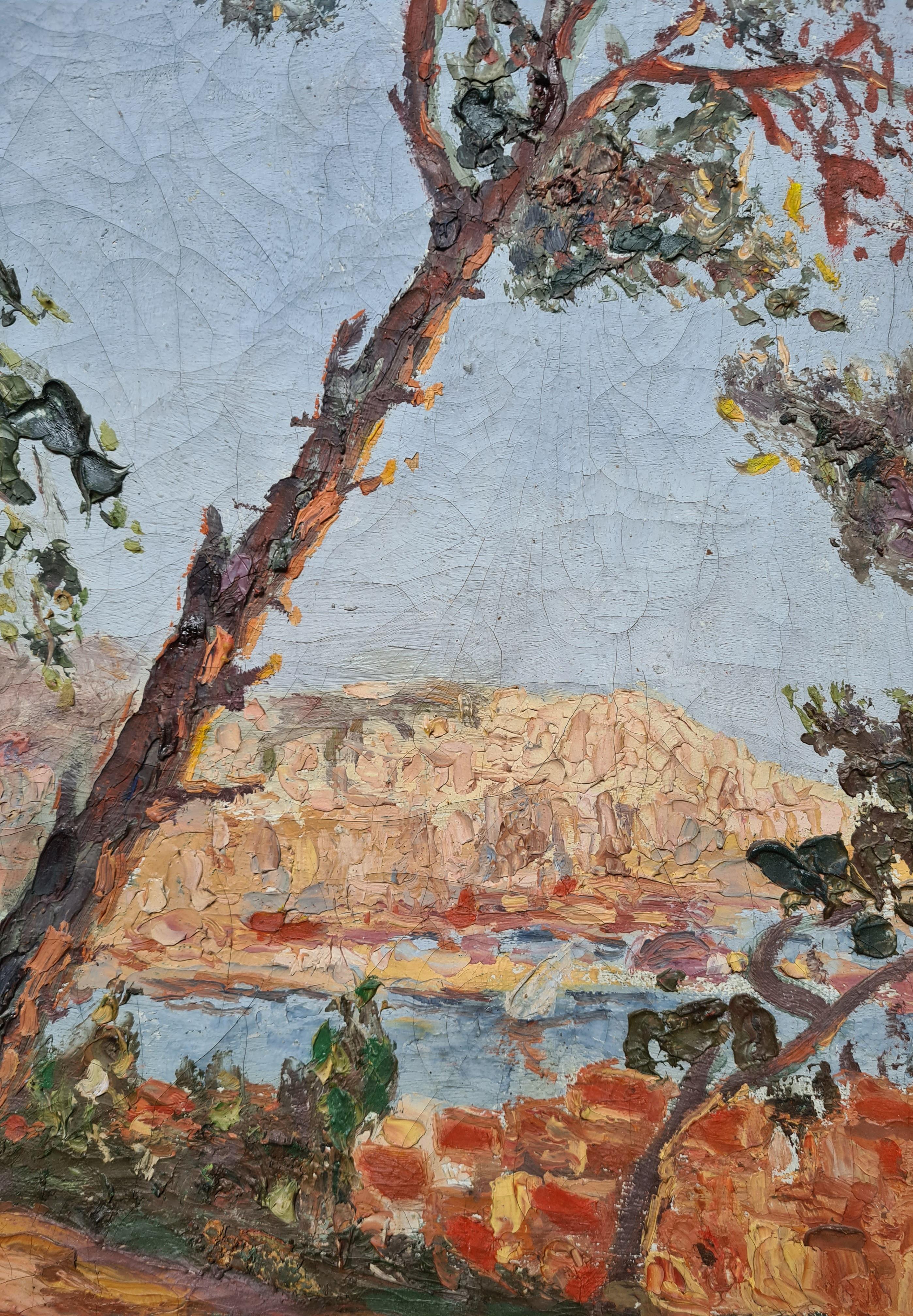 Óleo fauvista francés sobre lienzo, Vista al mar, Círculo de Charles Camoin. - Landscape Painting Marrón de Unknown
