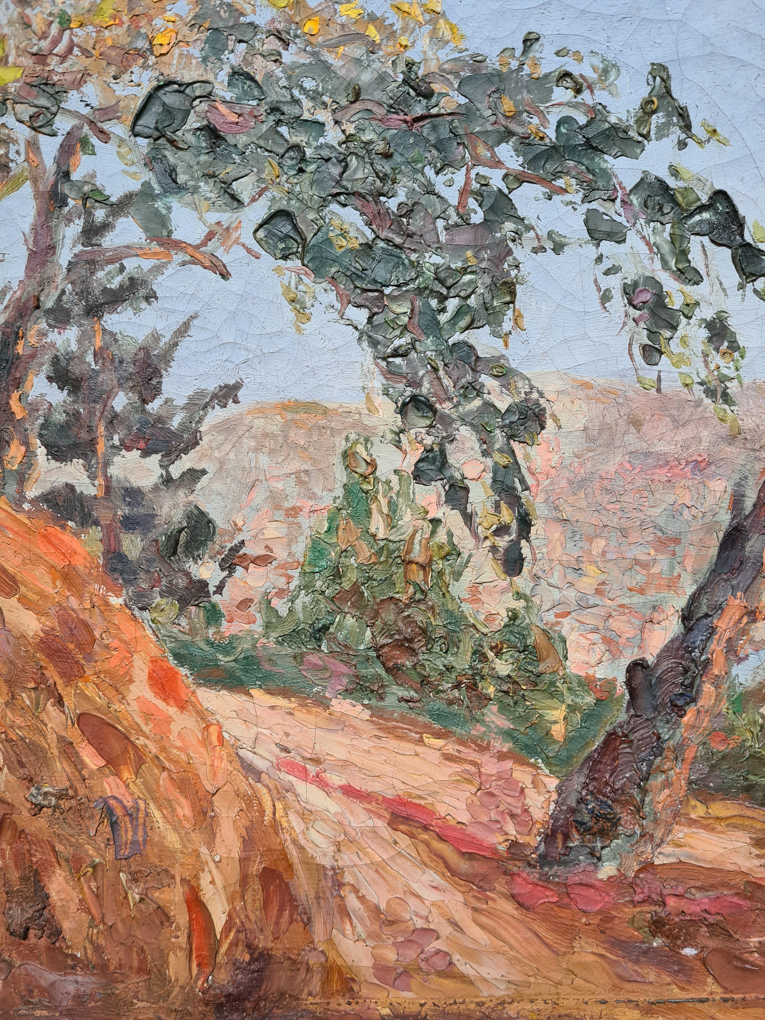 Paisaje francés al óleo sobre lienzo mirando hacia un puerto y el mar. El cuadro no está firmado y se presenta en un marco moderno de madera pintada y dorada.

Una hermosa vista de paisaje que mira hacia un puerto y el mar, posiblemente pintada