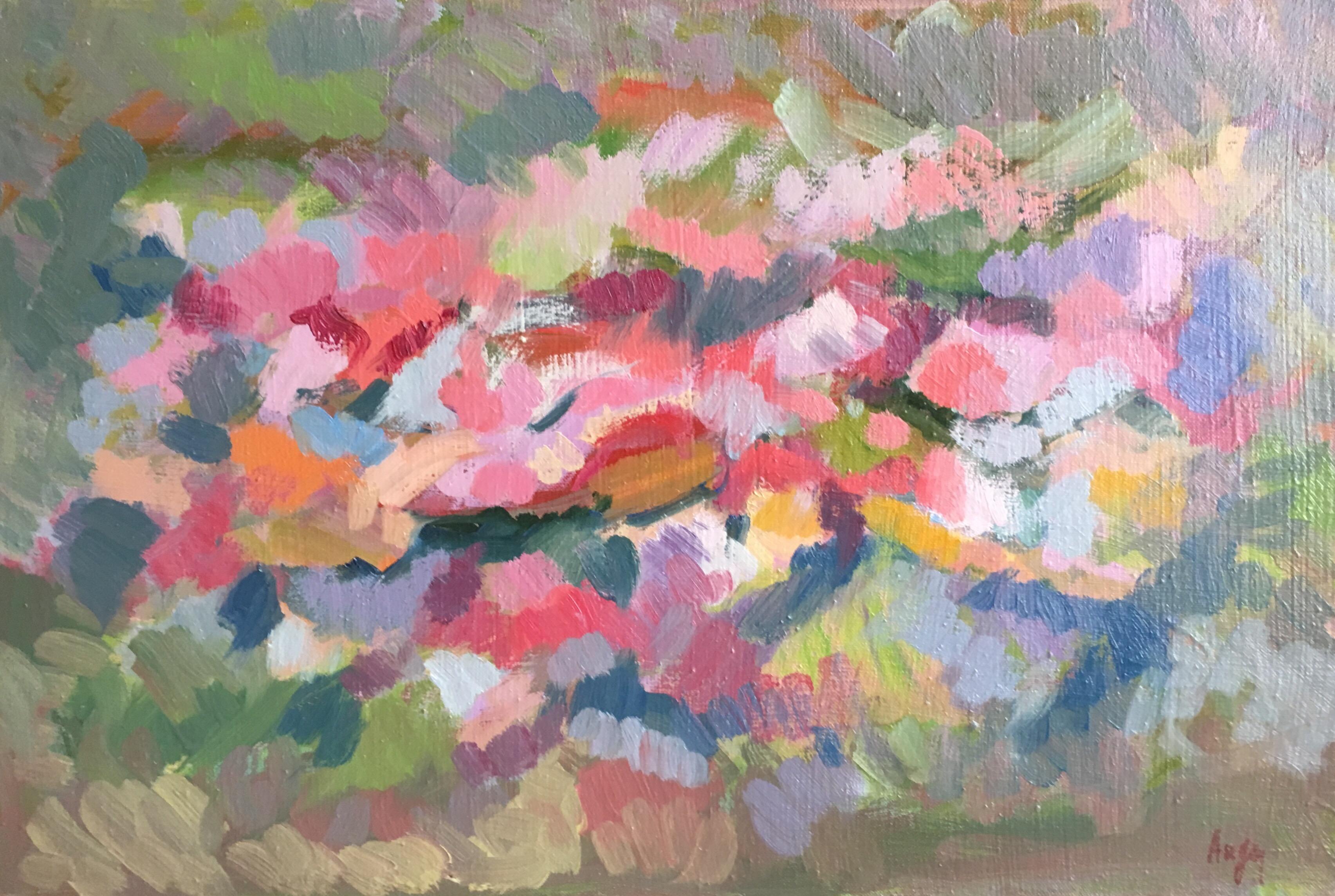 Peinture à l'huile abstraite à fleurs française, signée