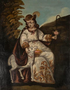 Antique French Folk Art 19th Century Oil - The Shepherdess