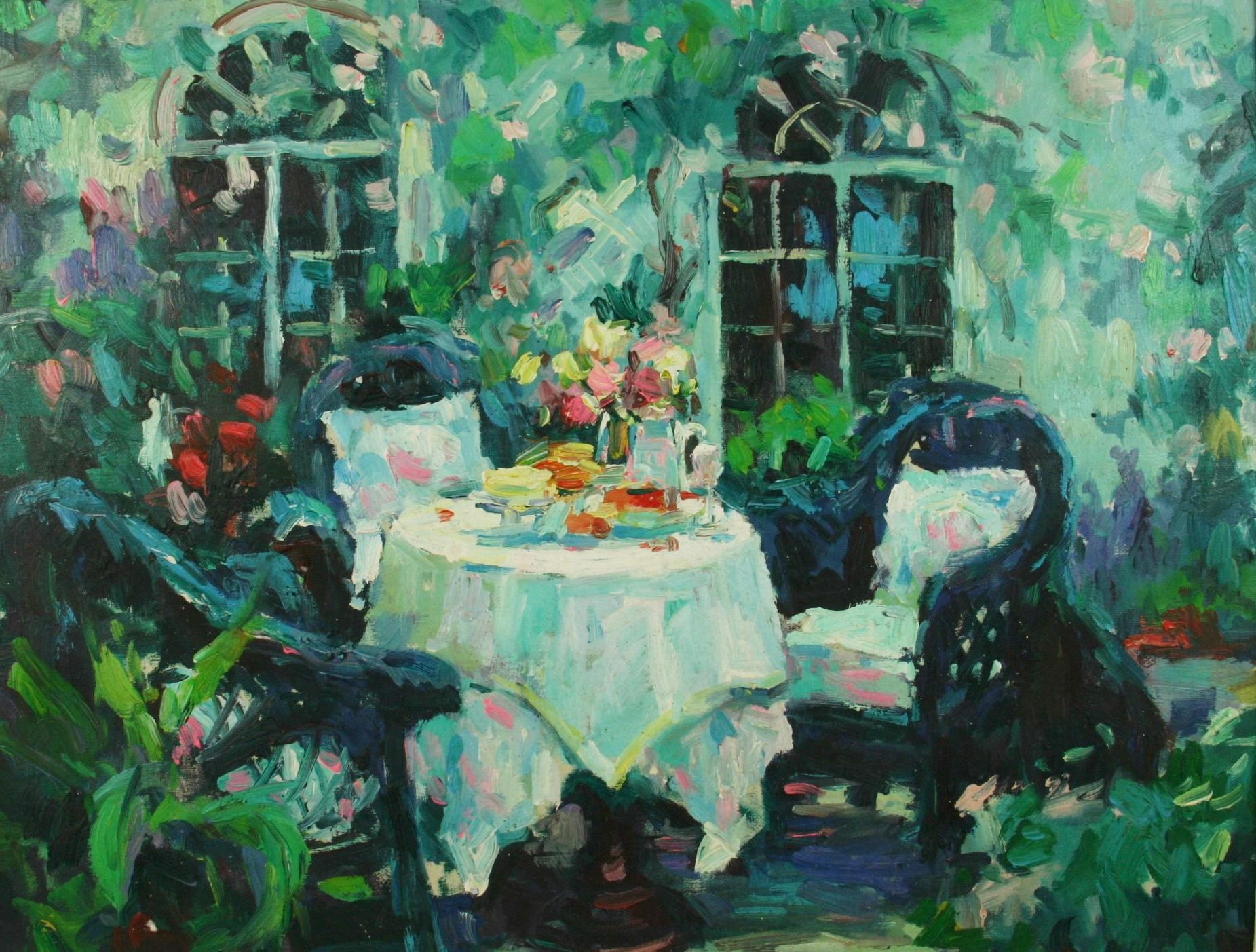 Französischer Garten Drei zum Mittagessen Tischgedeck Ölgemälde (Schwarz), Landscape Painting, von Unknown