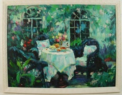 French Garden Three for Lunch Table Setting Oil Painting