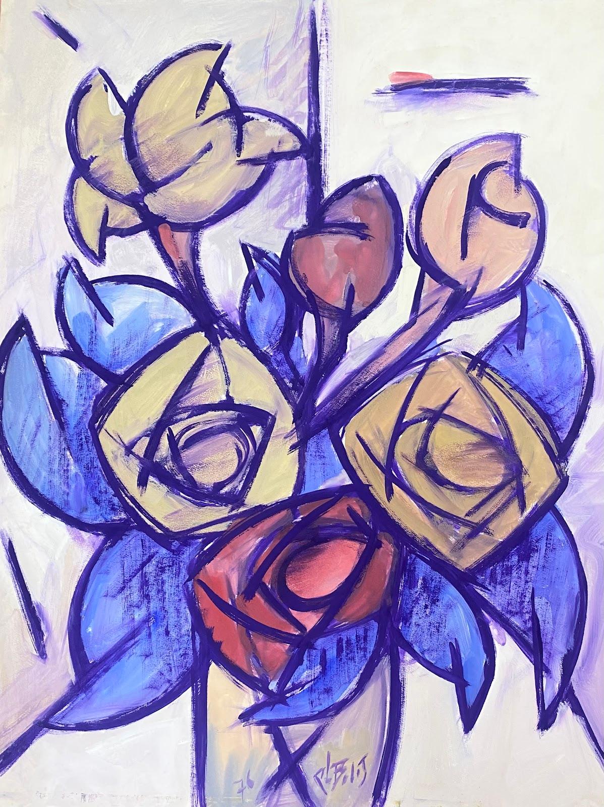 Geometrisches Gemälde lila Tulpen in einer Vase, Französisch – Painting von Unknown