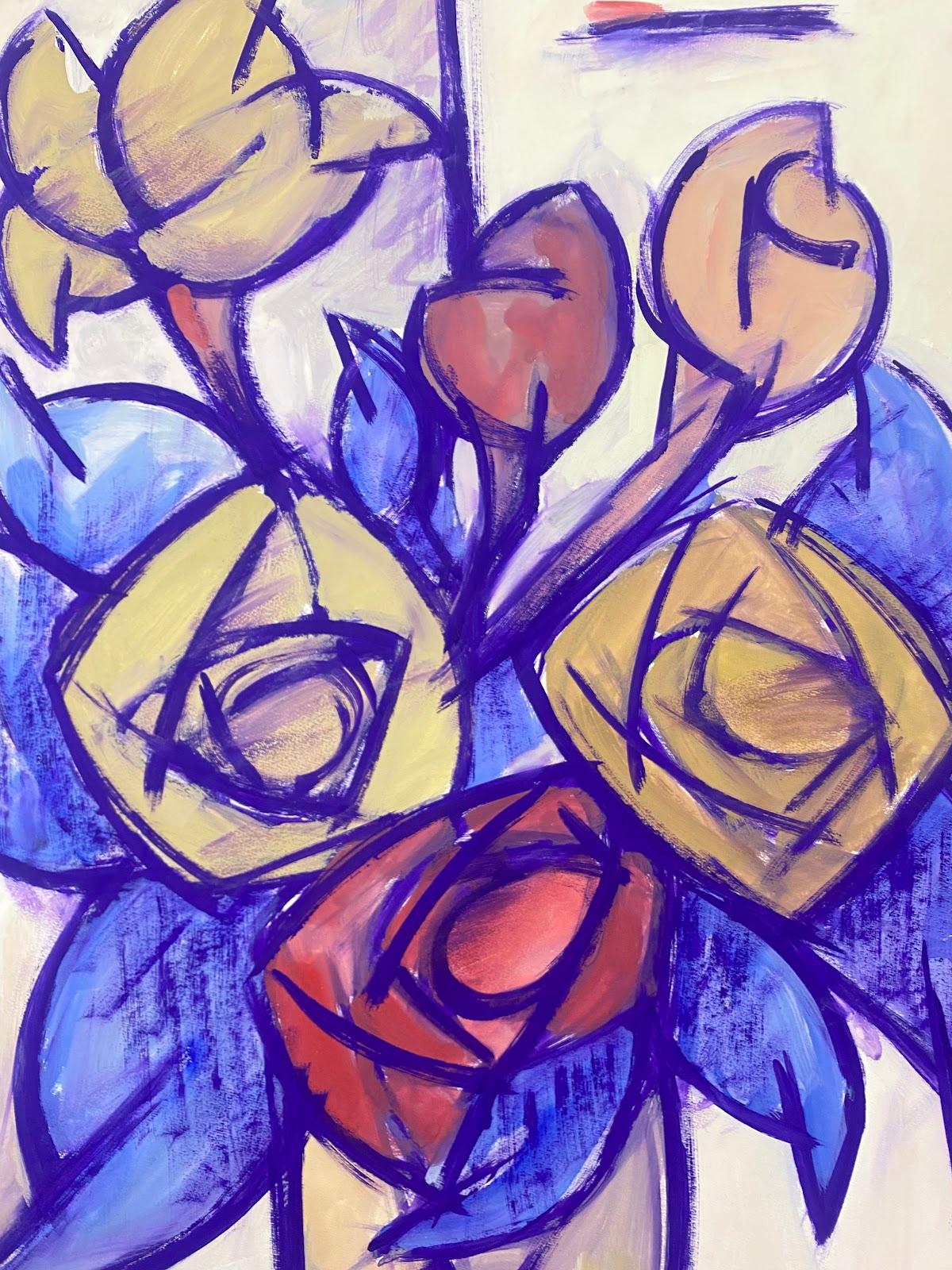 Peinture géométrique française représentant des tulipes violettes dans un vase - Moderne Painting par Unknown