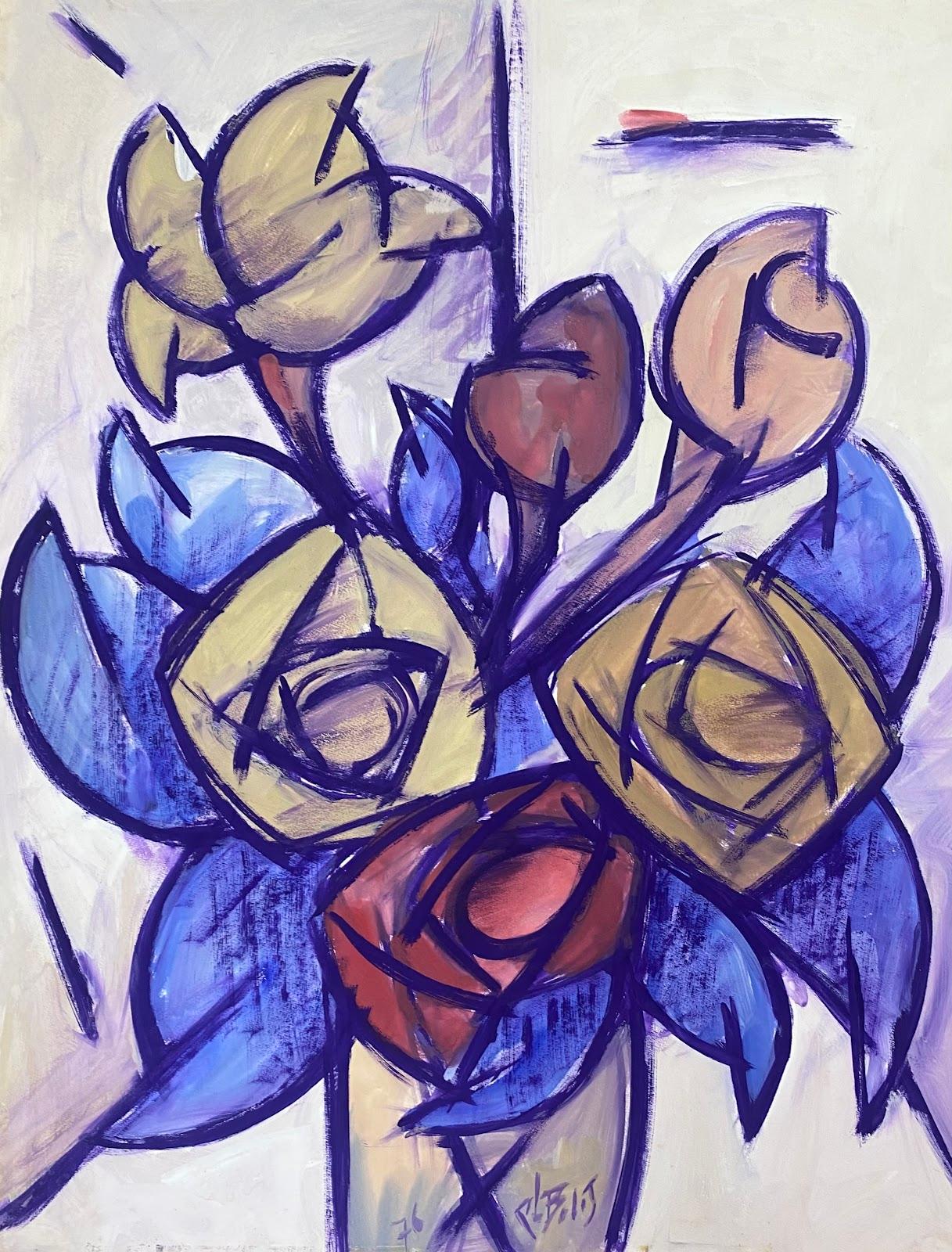 Still-Life Painting Unknown - Peinture géométrique française représentant des tulipes violettes dans un vase
