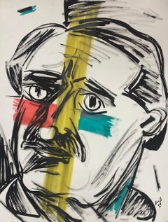 French  Gouache Painting Man With Moustache Portrait With Colorful Stripes