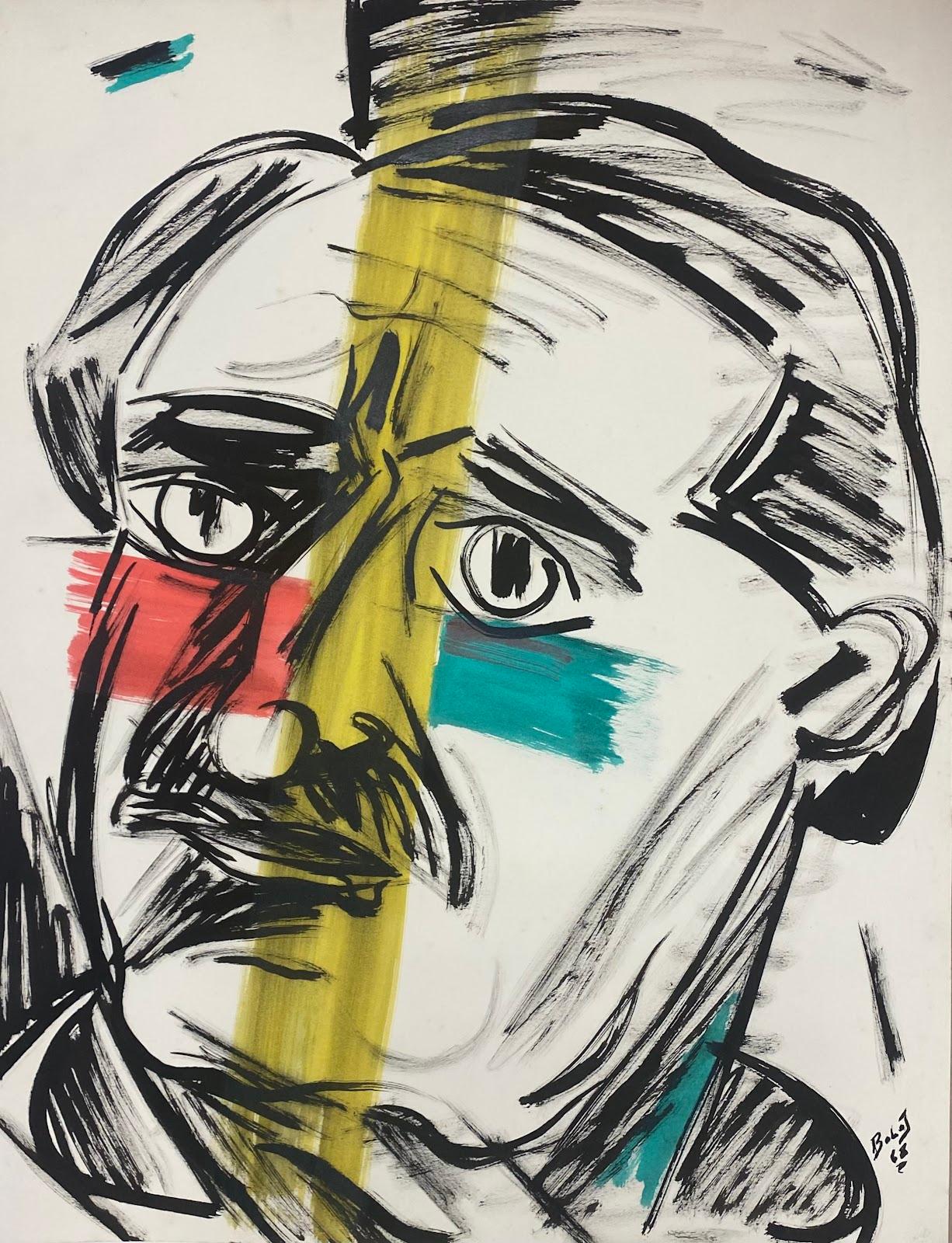 Unknown Figurative Painting -  French  Gouache Painting Man With Moustache Portrait With Colorful Stripes