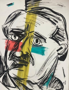 Vintage  French  Gouache Painting Man With Moustache Portrait With Colorful Stripes