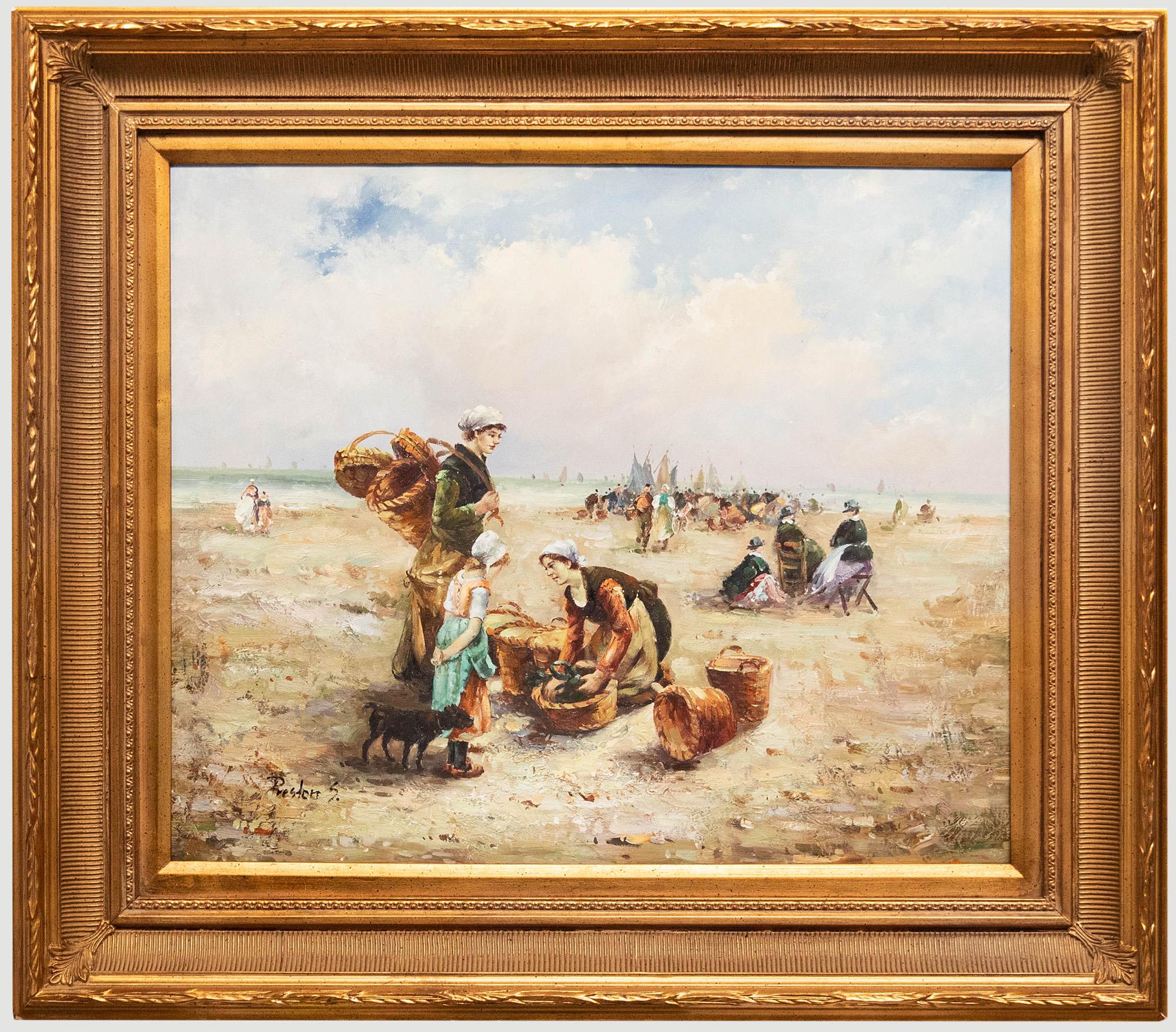 Figurative Painting Unknown - Huile impressionniste française du 20ème siècle - Crabes de collection sur la plage