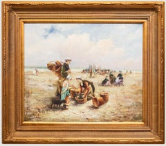 French Impressionist 20th Century Oil - Collecting Crabs on the Beach