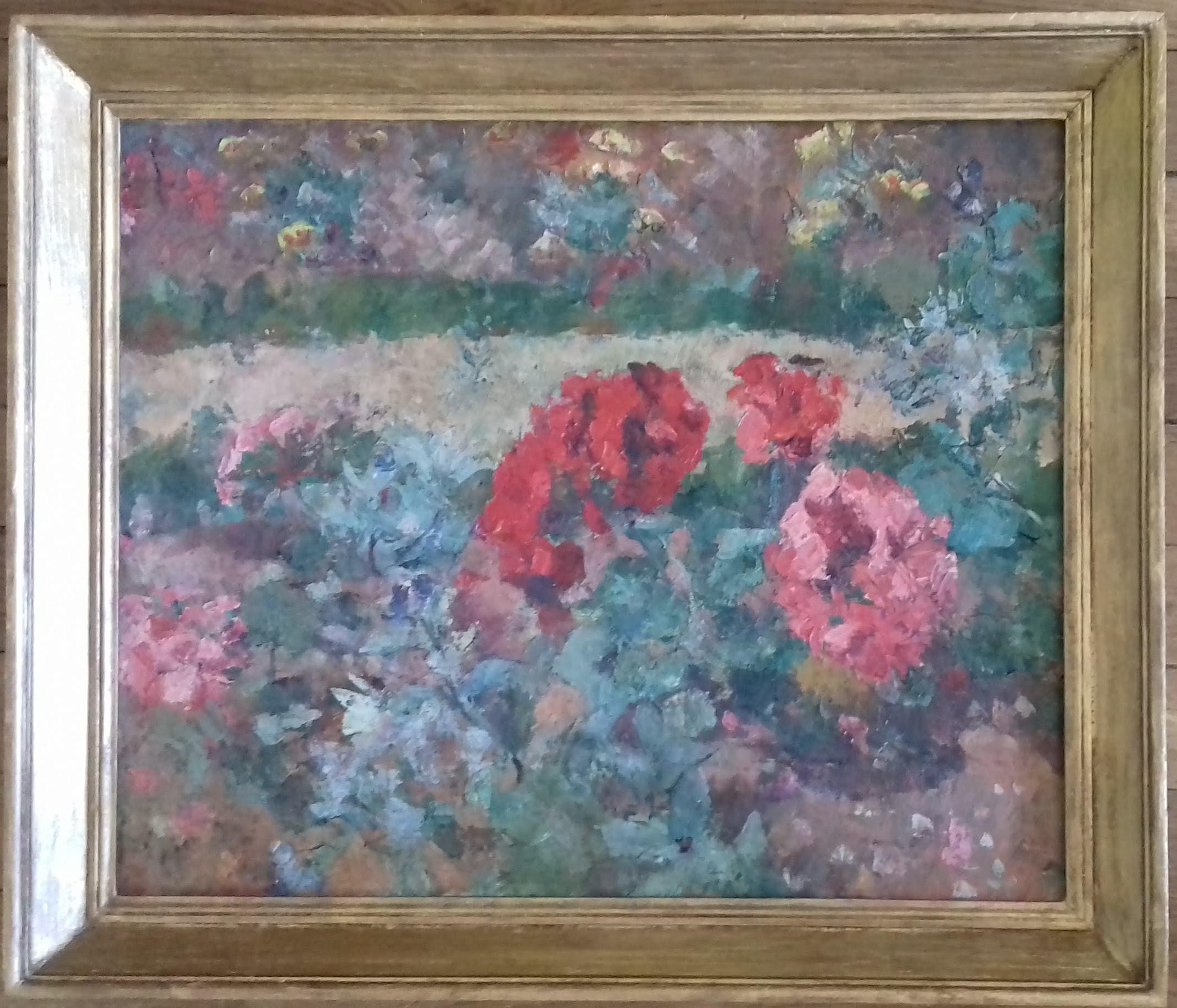 French Impressionist art oil painting ca 1910s garden flower beds in bloom - Painting by Unknown