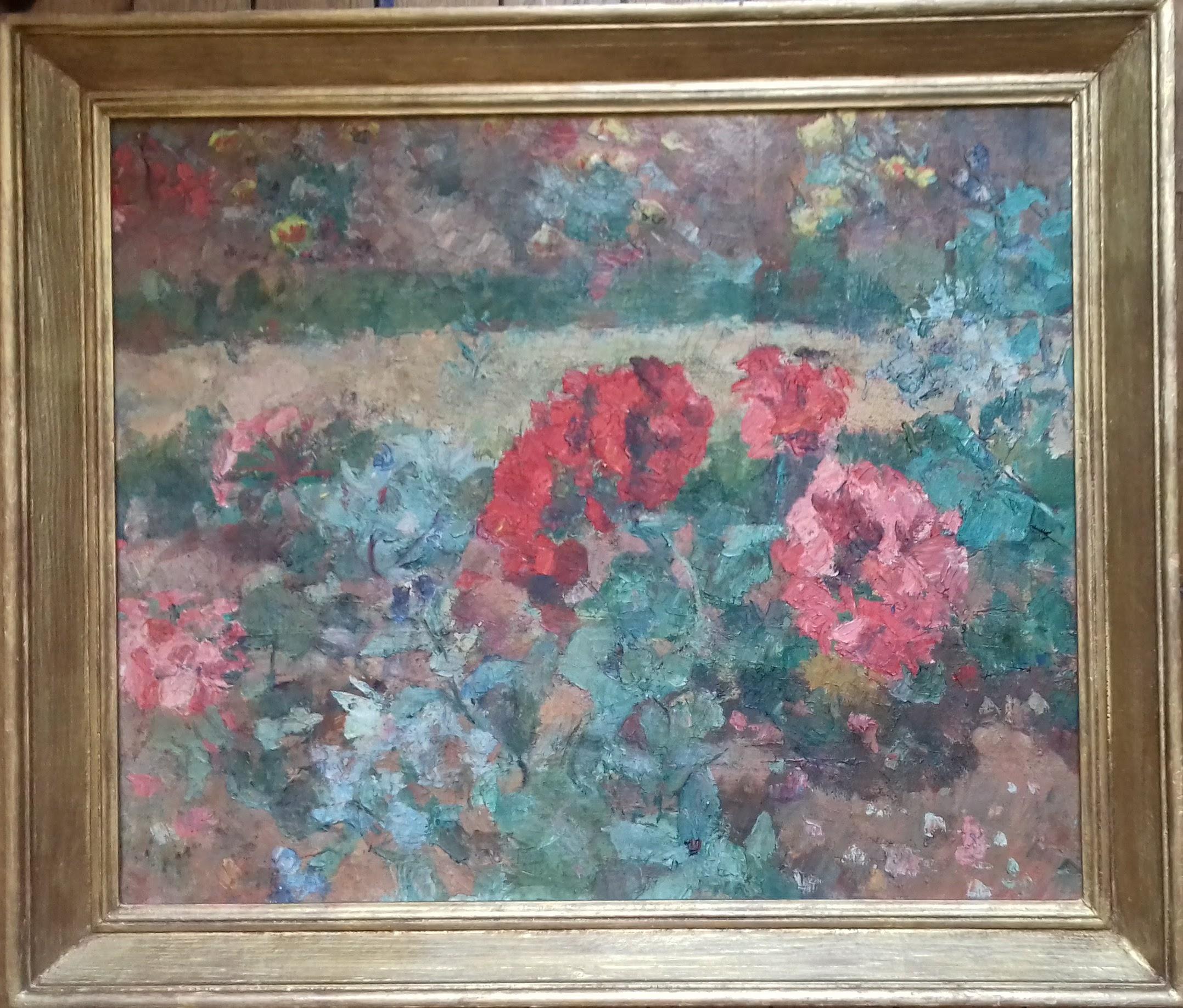 French Impressionist art oil painting ca 1910s garden flower beds in bloom - Gray Figurative Painting by Unknown