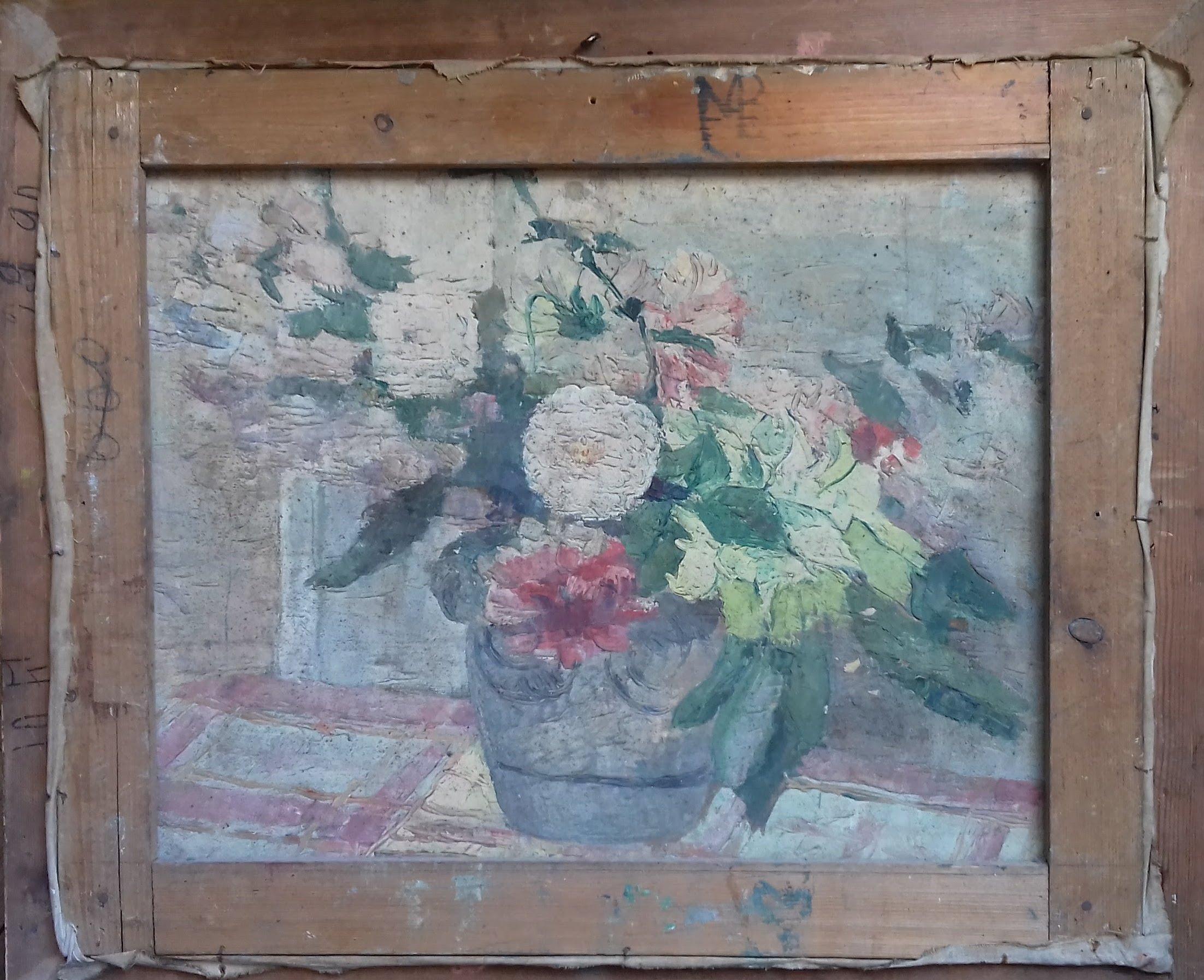 A sensitive depiction of flowers blooming in a summer garden that is full of delight. Dating from circa 1910-1920 and French in origin, this oil on canvas in unsigned. It was acquired near Pontoise, a city near Paris that had important links to the