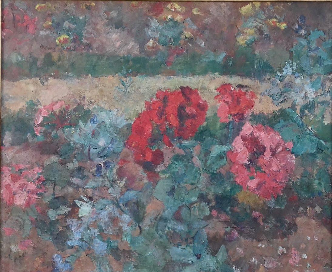 Unknown Figurative Painting - French Impressionist art oil painting ca 1910s garden flower beds in bloom